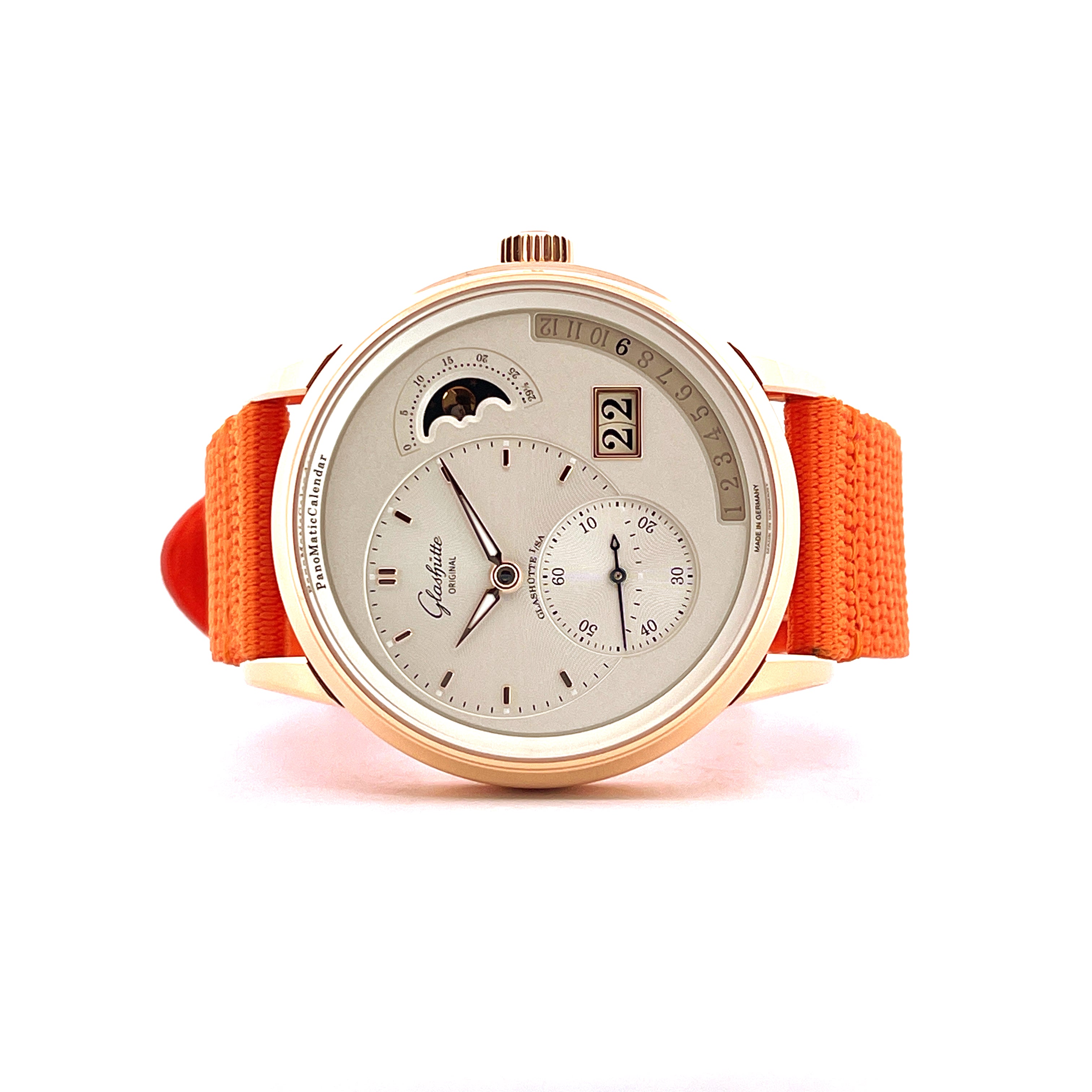 Glashütte Original Panomaticcalendar aus Roségold mit orangenem Textilband, Frontansicht