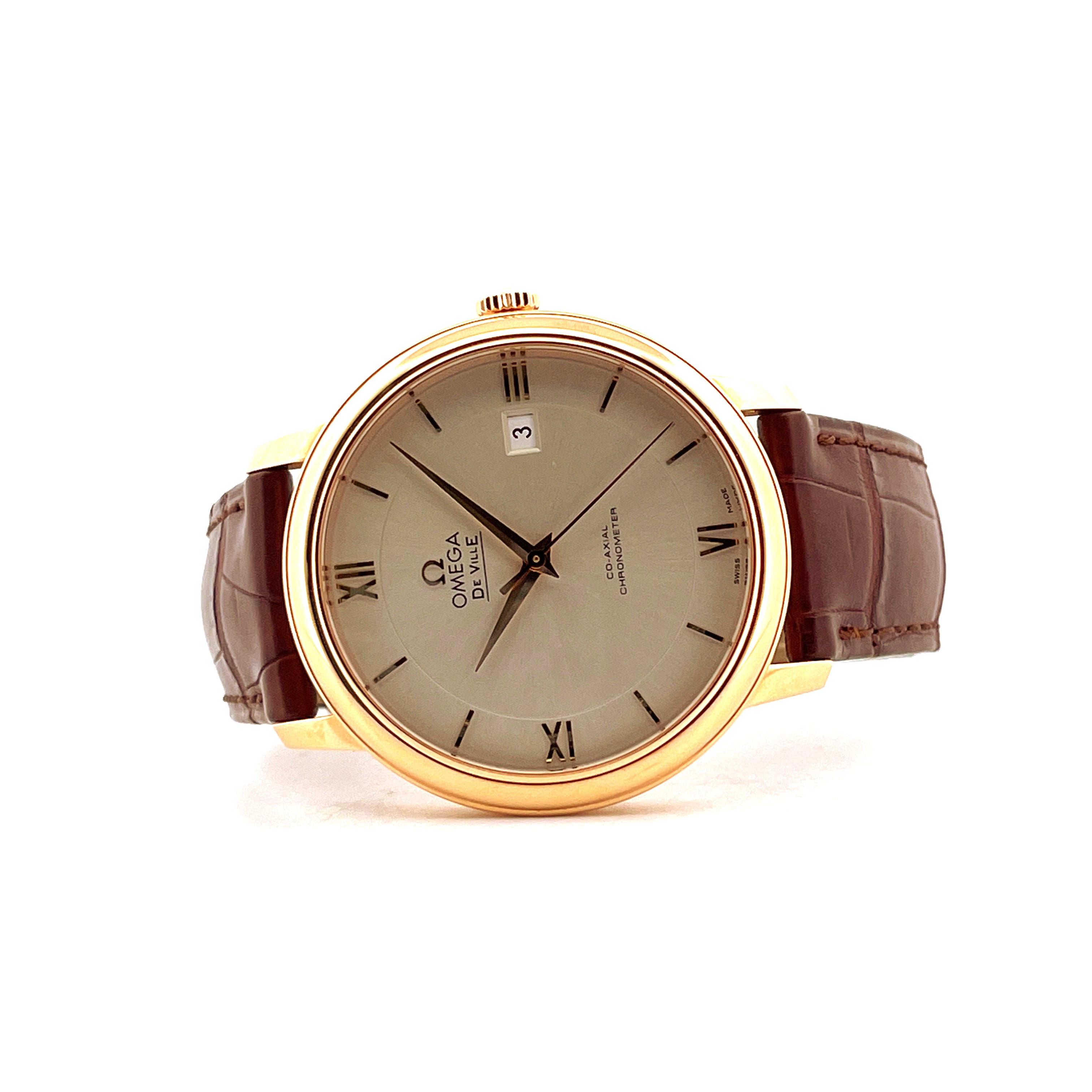 Omega De Ville Prestige Date aus Gelbgold mit braunem Lederarmband und hellem Zifferblatt