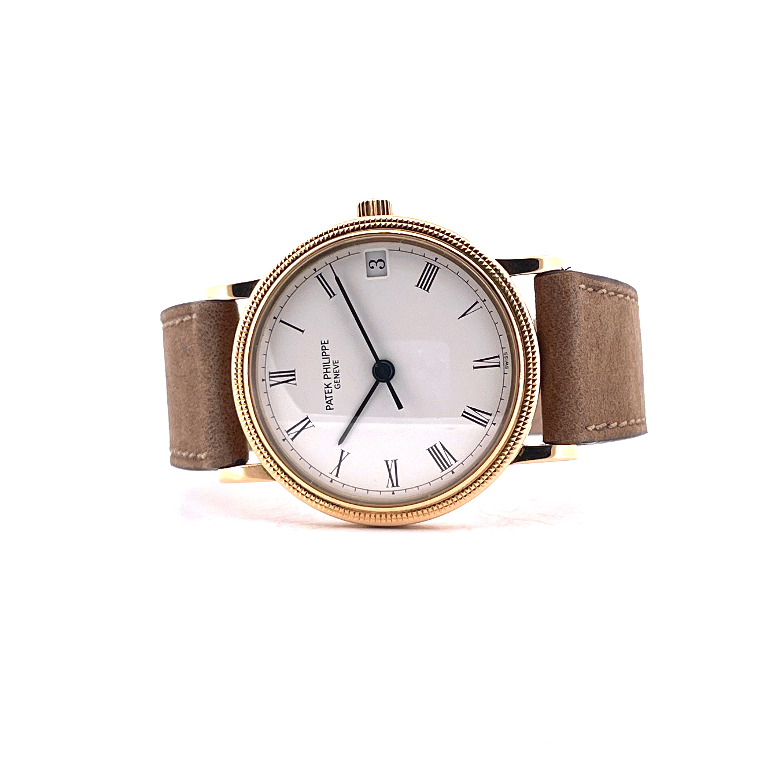 Patek Philippe Calatrava 3802 Gelbgold Uhr mit weißem Zifferblatt und braunem Lederband Freisteller
