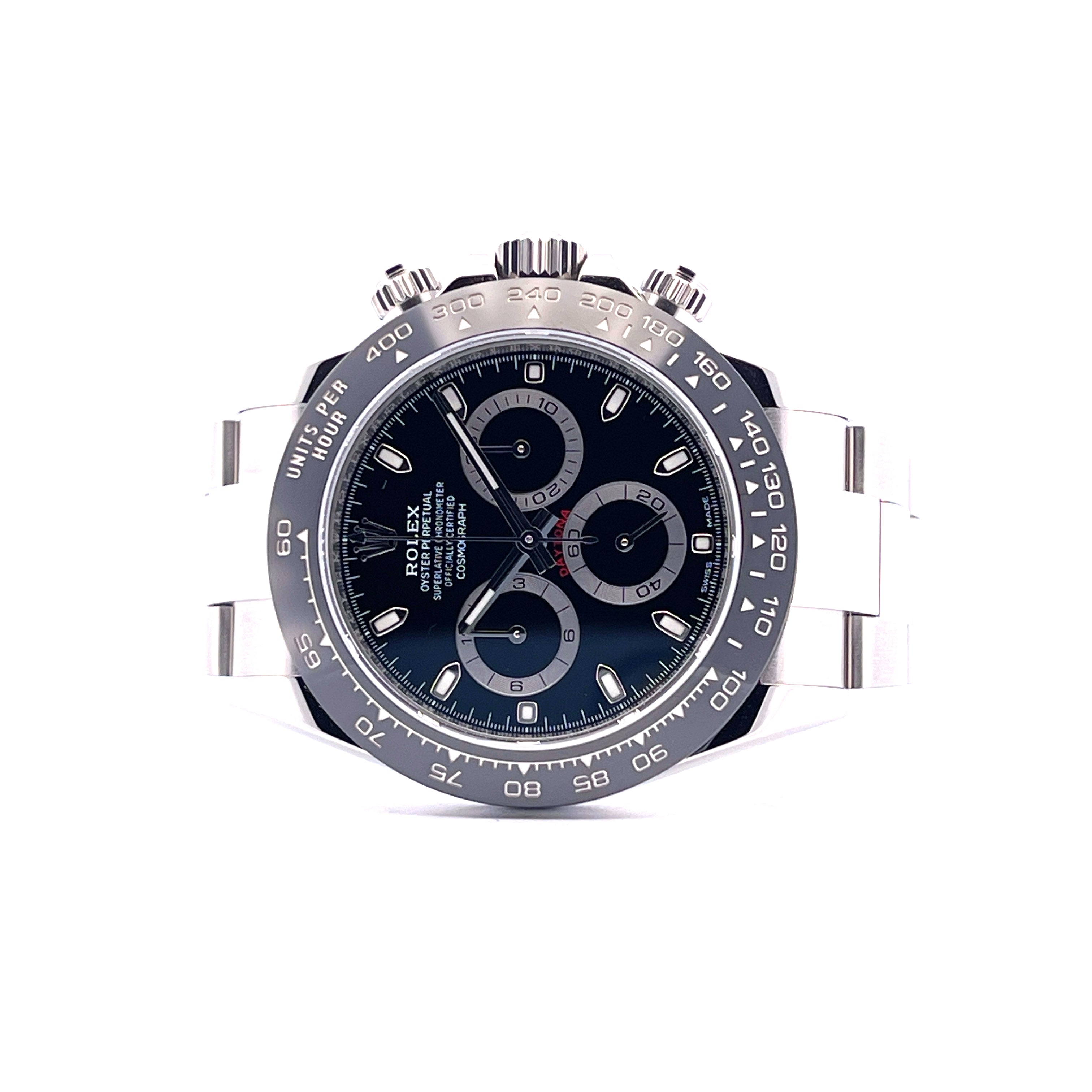 Rolex Daytona 116500LN Frontansicht mit Stahlgehaeuse und schwarzem Zifferblatt auf weissem Hintergrund