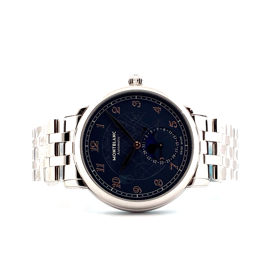 Montblanc Star Legacy Edelstahl Damenuhr mit Mondphasenanzeige und blauem Zifferblatt