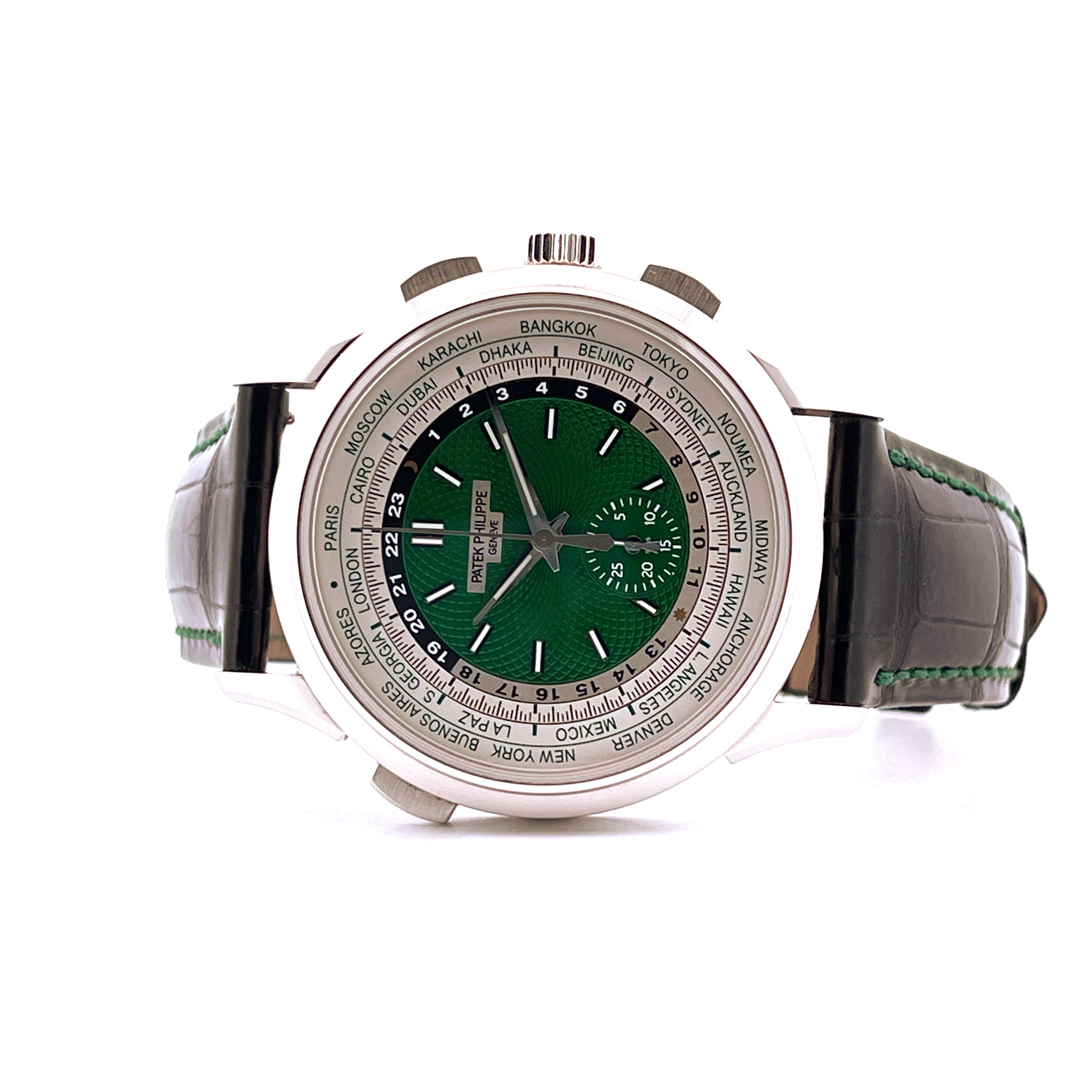 Patek Philippe World Time Flyback Chronograph 5930P-001 in Platin mit grünem Zifferblatt und Lederarmband