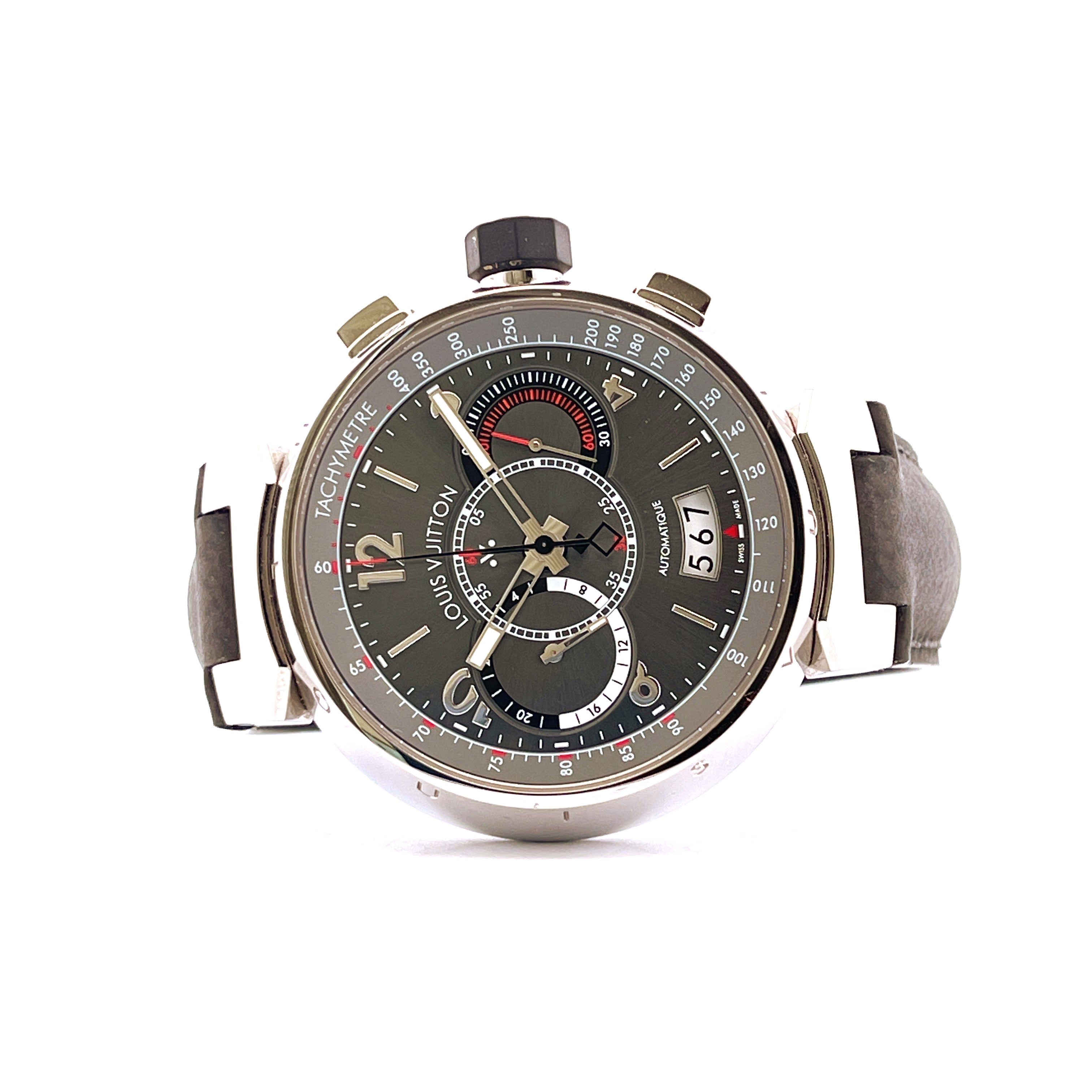 Louis Vuitton Tambour Chronograph aus Edelstahl mit Automatikwerk, grauem Zifferblatt und Lederarmband
