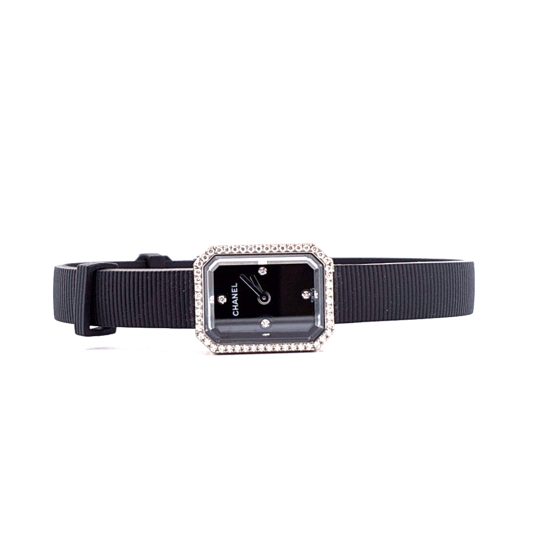 Chanel Premiere Uhr mit schwarzem Zifferblatt, silbernem Gehäuse und besetzter Lünette an schwarzem Armband