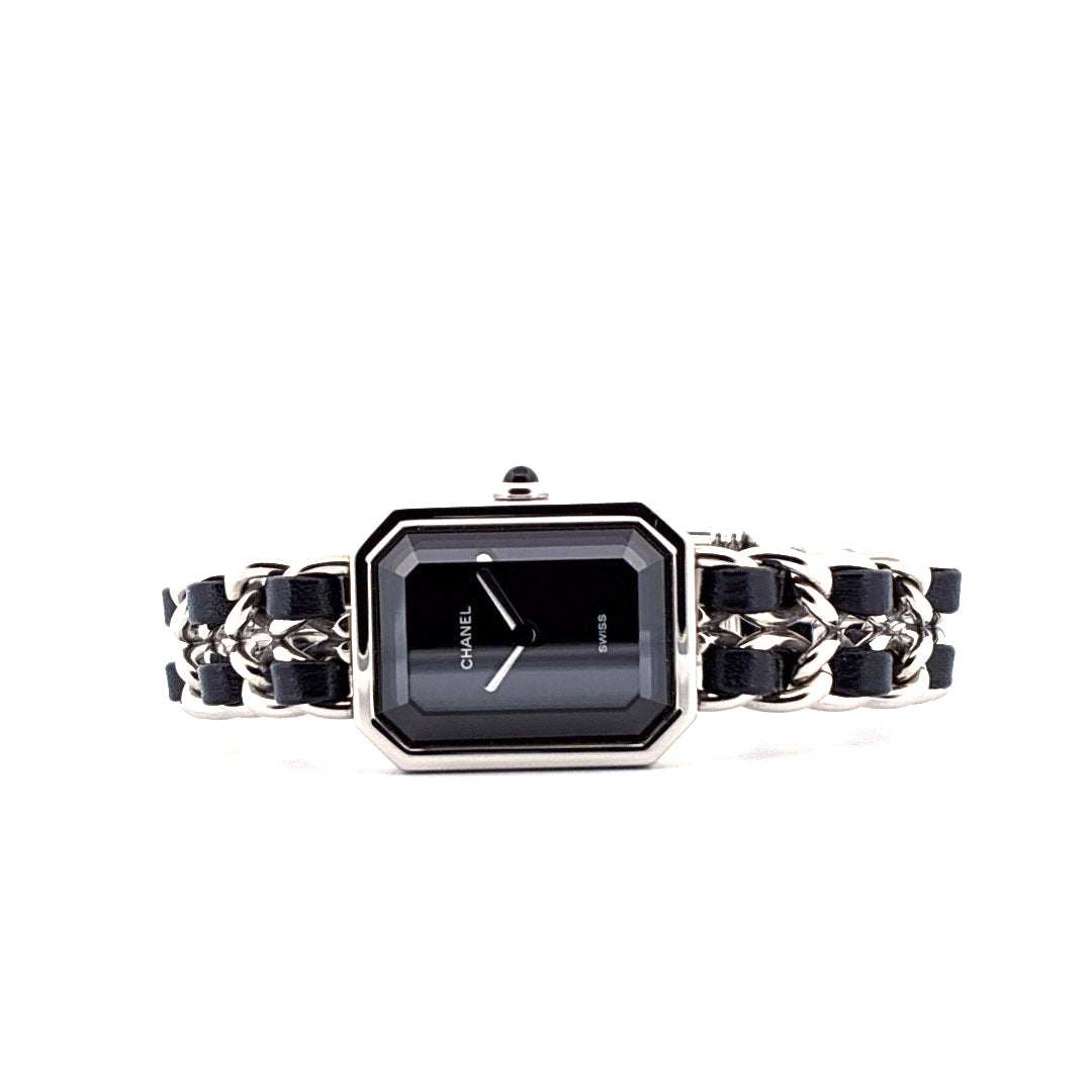 Chanel Premiere Damenuhr mit schwarzem Zifferblatt und Kette-Armband aus Stahl und Leder