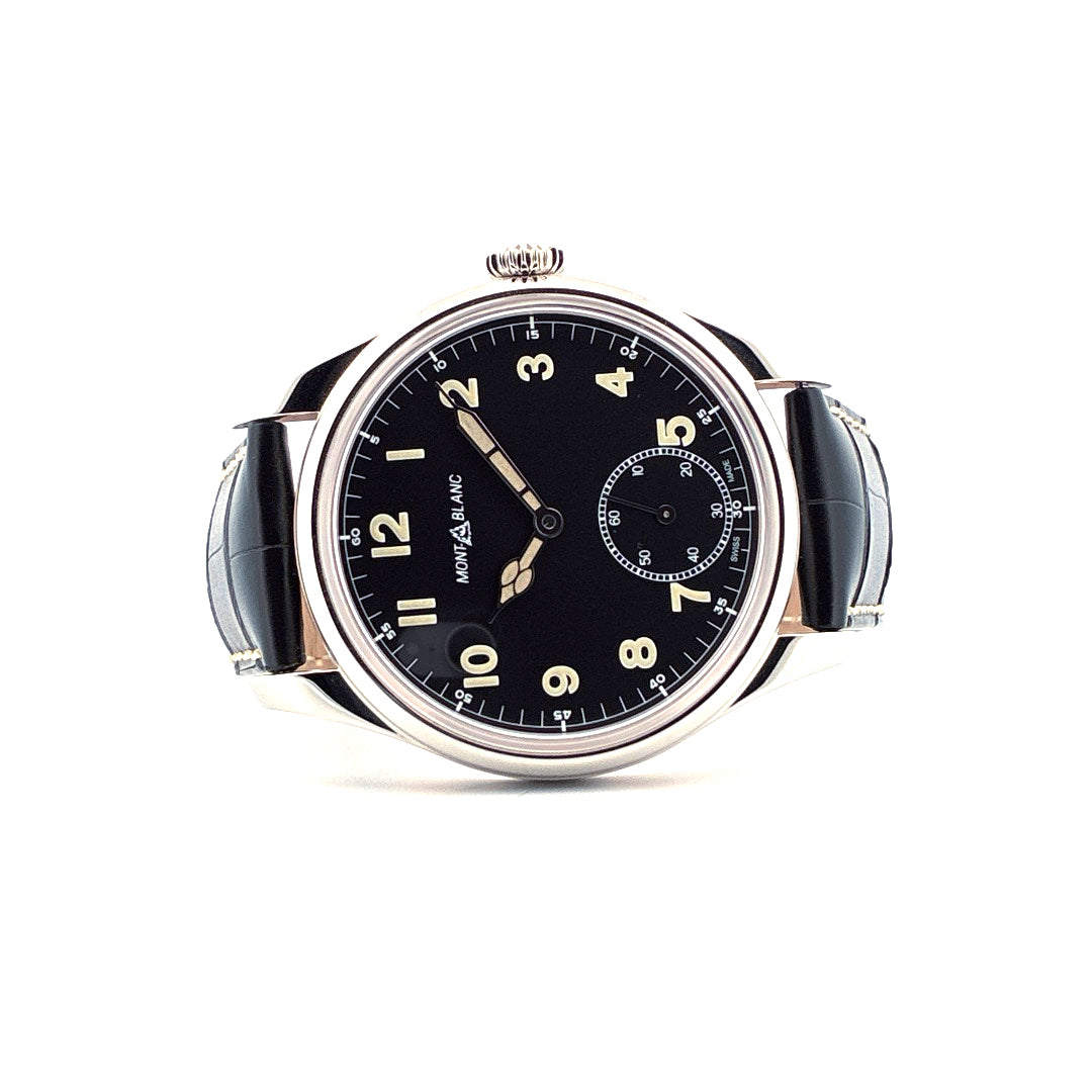 Montblanc Small Second 1858 Handaufzug Edelstahl mit schwarzem Zifferblatt und Lederband