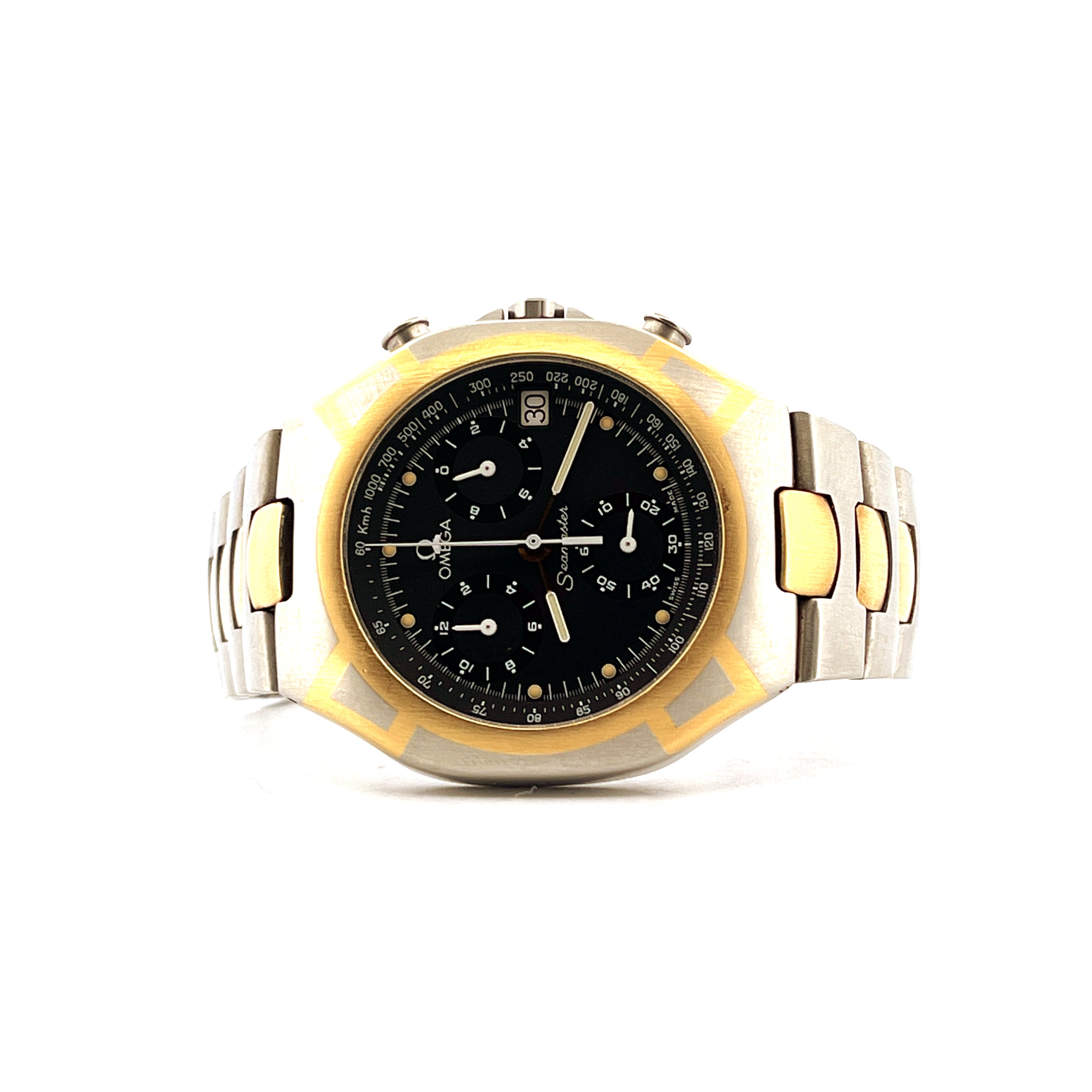 Frontansicht einer Omega Seamaster Polaris Chronograph aus Gold und Stahl mit schwarzem Zifferblatt und Datumsanzeige