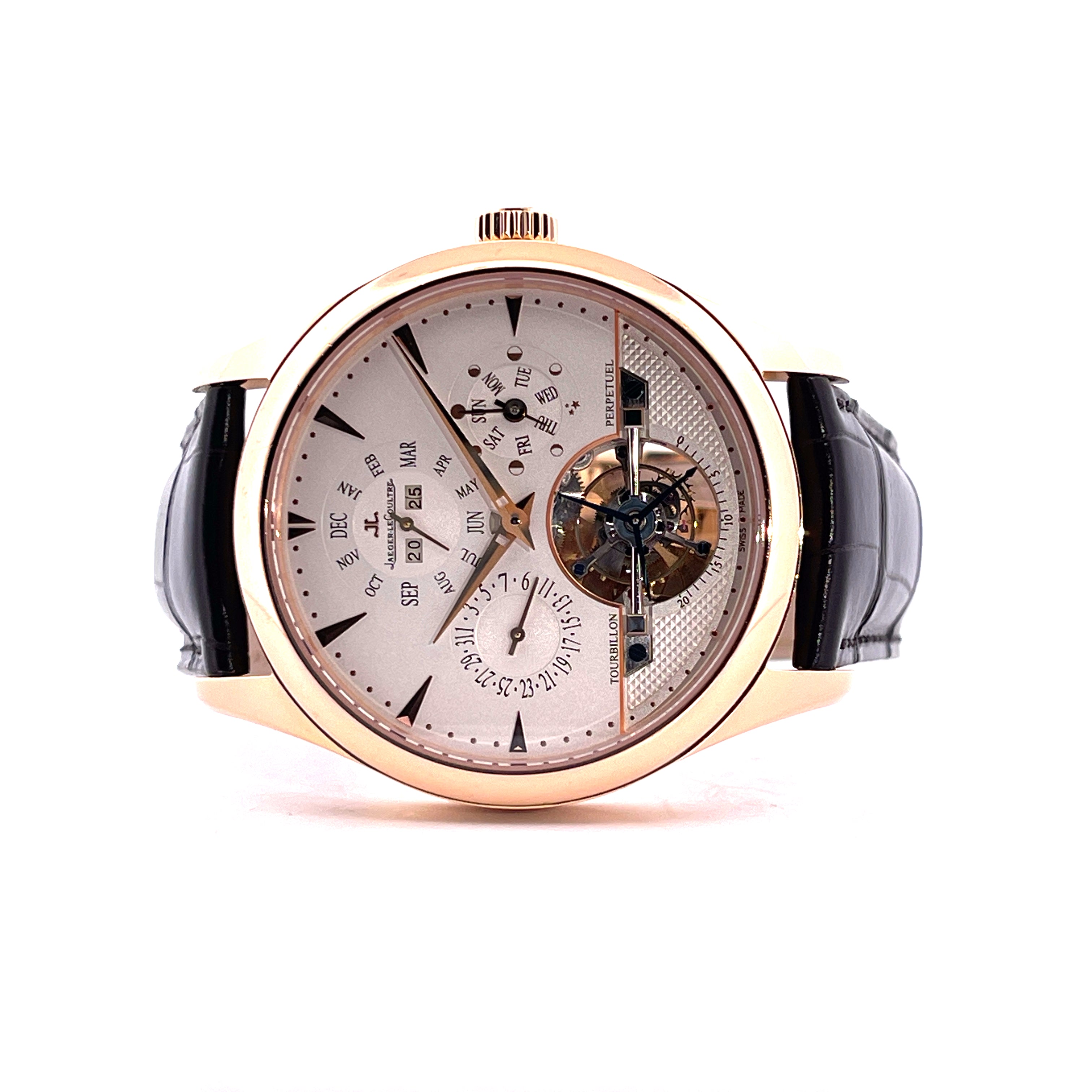 Jaeger LeCoultre Master Grande Tradition Tourbillon Perpetual Roségold Automatik mit Zifferblatt und schwarzem Lederband