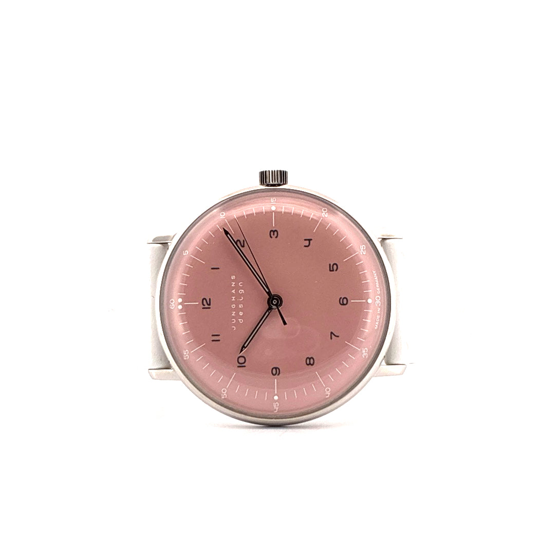 Junghans Max bill Handaufzug rosafarbenes Zifferblatt mit Edelstahlgehäuse und weißem Armband