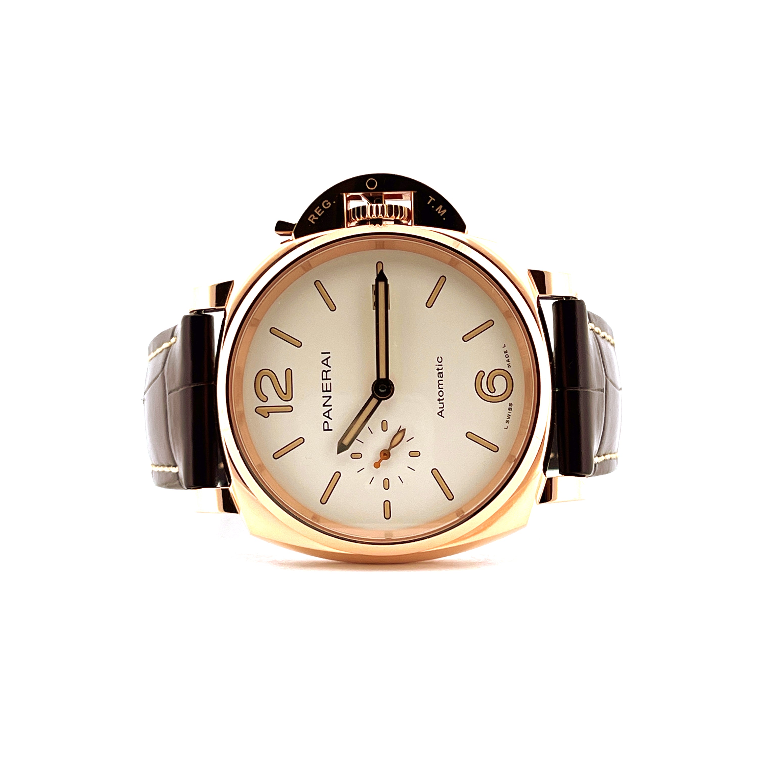 Panerai Luminor Due 42mm Roségold mit dunkelbraunem Lederarmband, Frontansicht