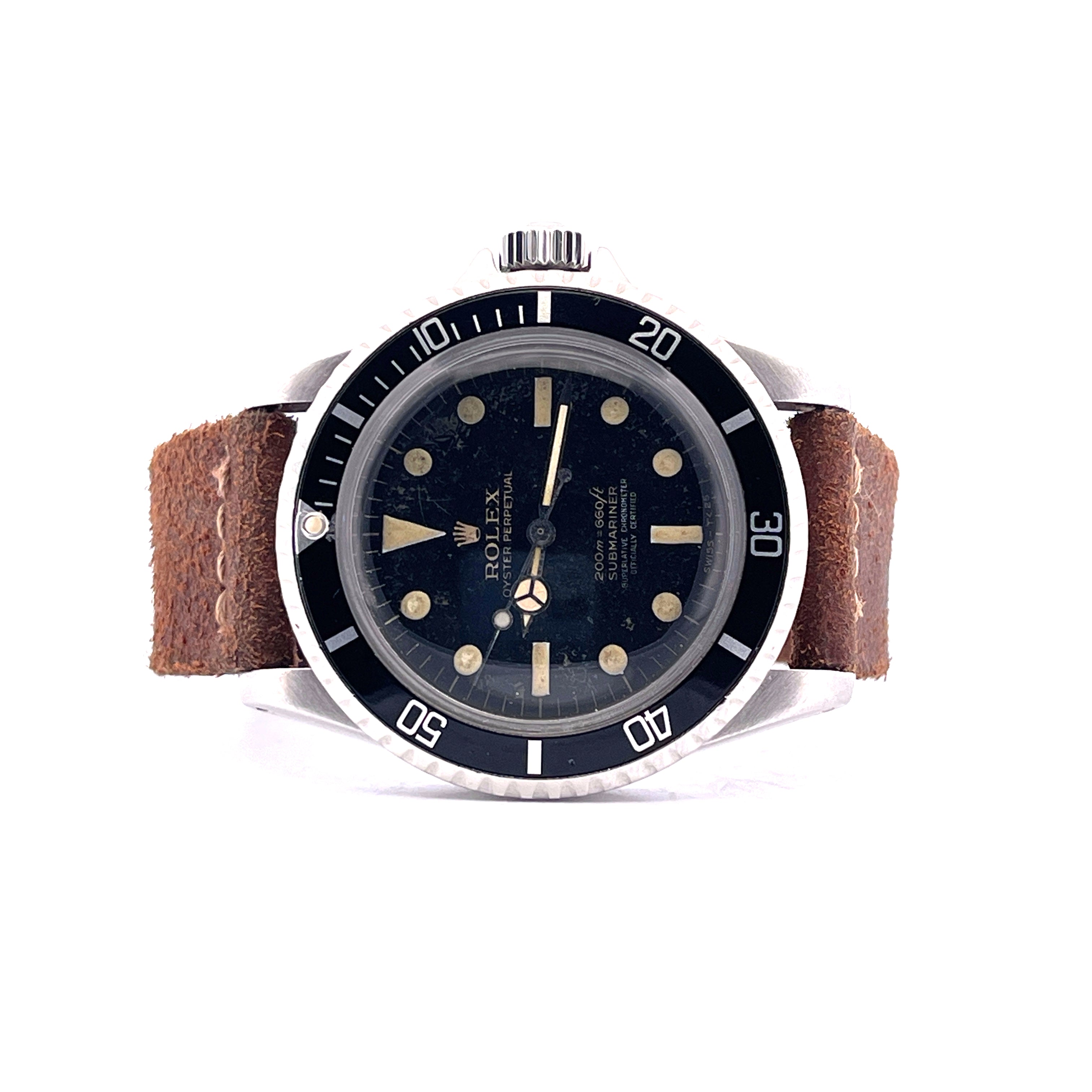 Rolex Submariner Ref. 5512 aus Stahl mit braunem Lederband und schwarzem Zifferblatt aus dem Jahr 1963