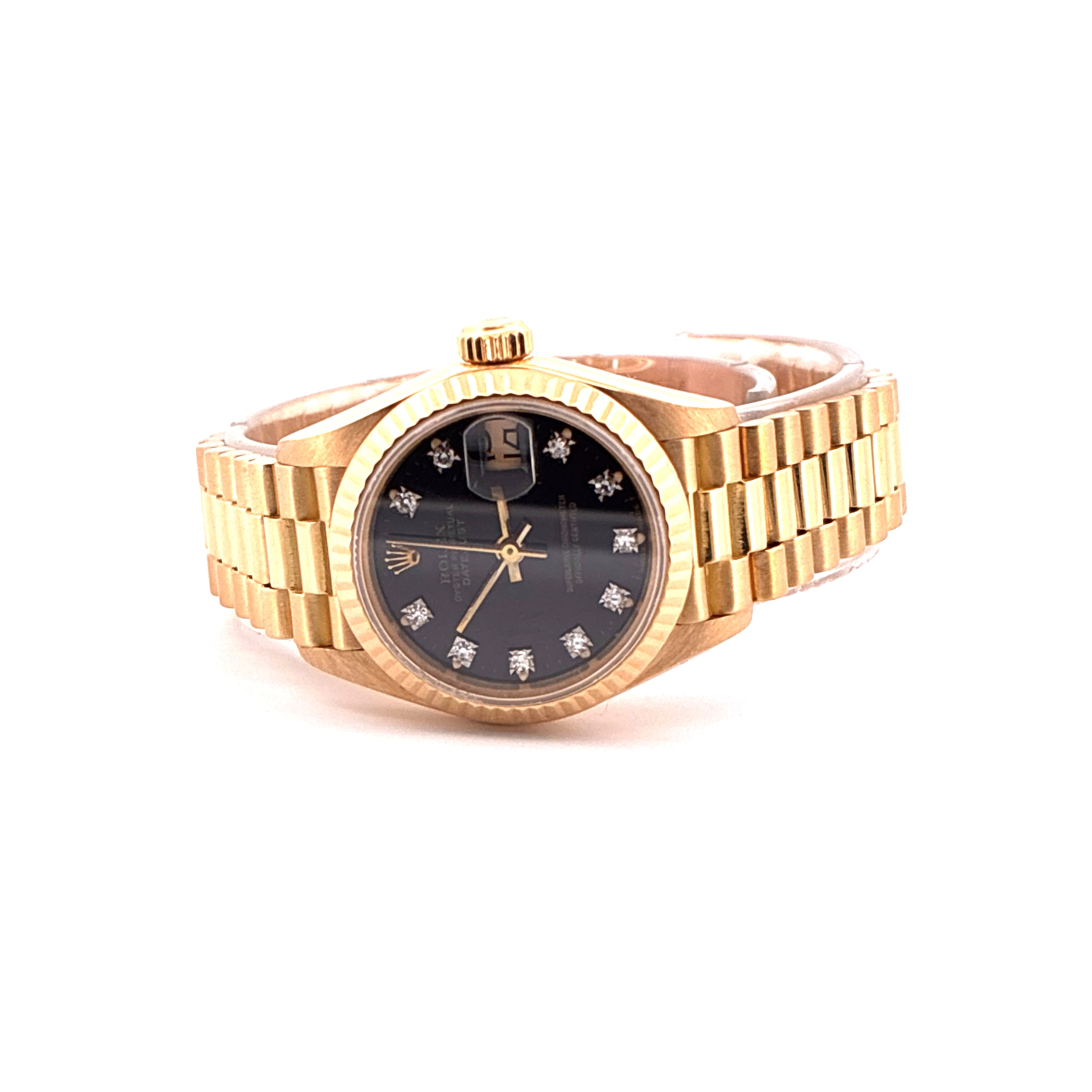 Rolex Lady-Datejust mit schwarzem Zifferblatt und 10 Diamanten, aus Gold, automatikuhrwerk