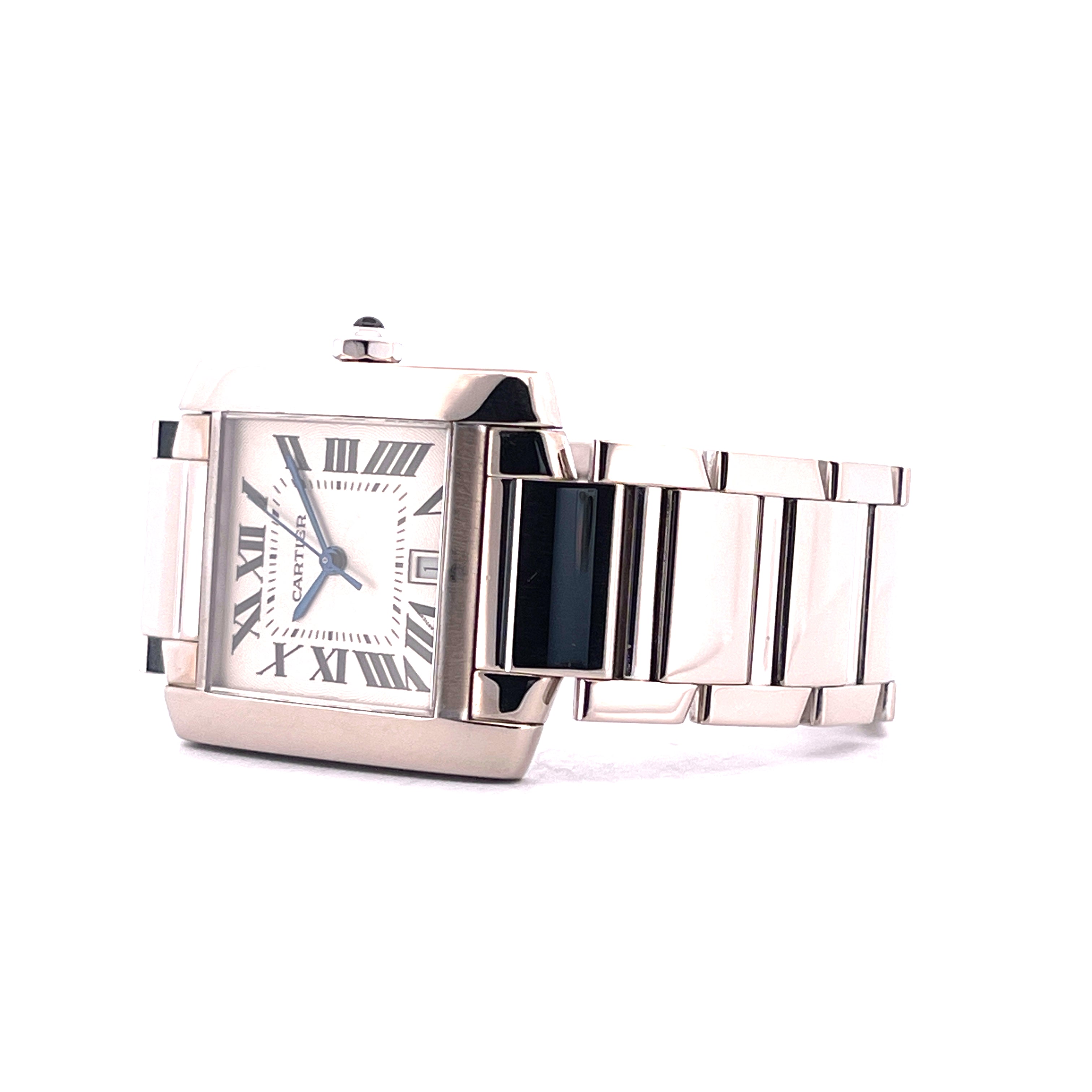 Cartier Tank Francaise Weißgold Automatik Ref. 2366 mit römischen Ziffern und weißem Zifferblatt im Profil