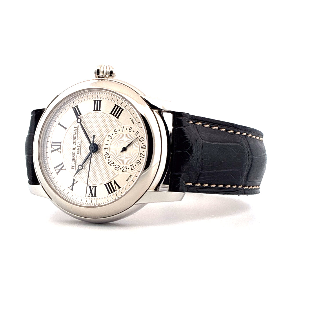 Frederique Constant Classics Manufacture Edelstahl Herrenuhr mit schwarzem Lederarmband und römischen Ziffern
