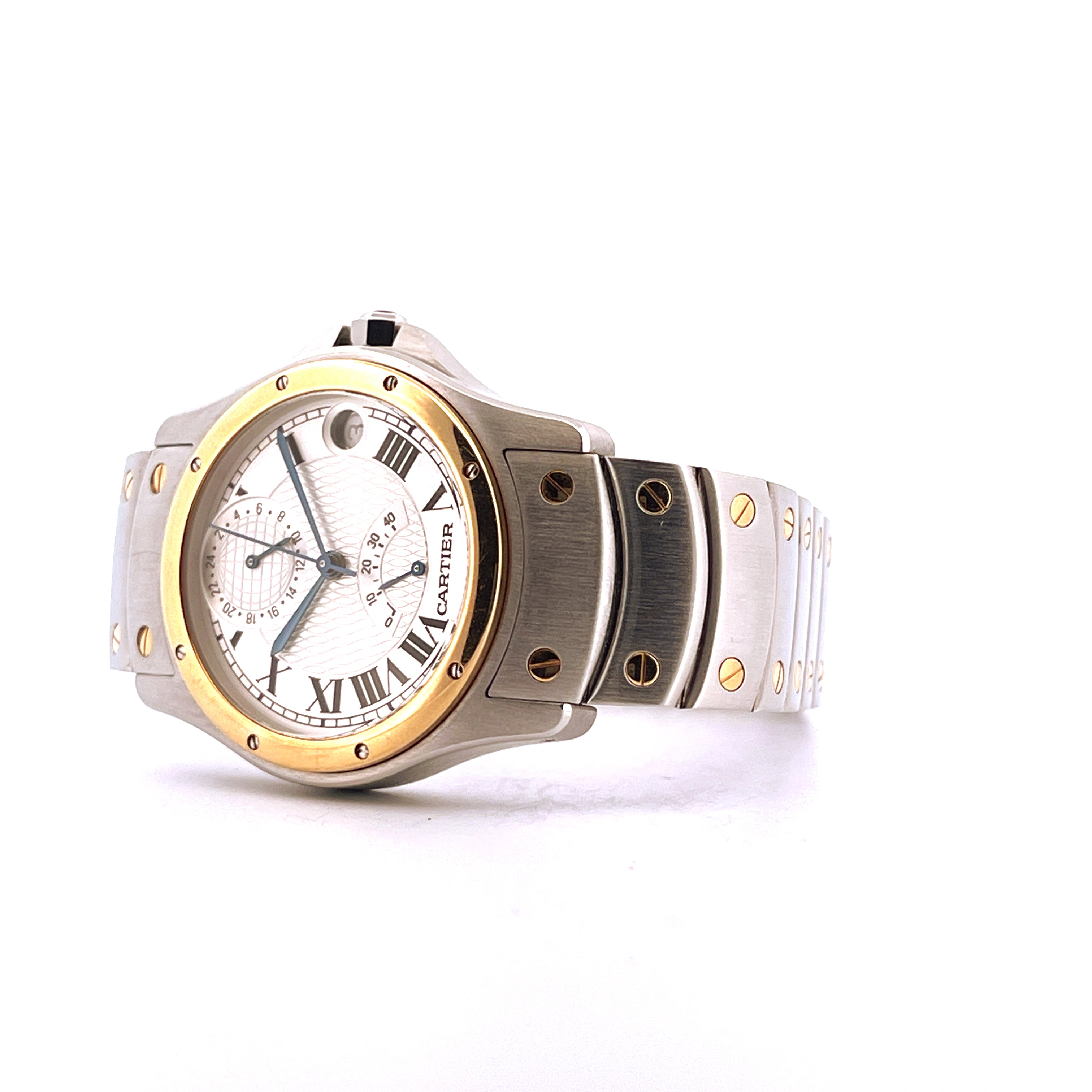 Cartier Santos Ronde 150th Automatic 1997 Stahl/Gold Uhr mit Datumsanzeige im Profil vor weißem Hintergrund