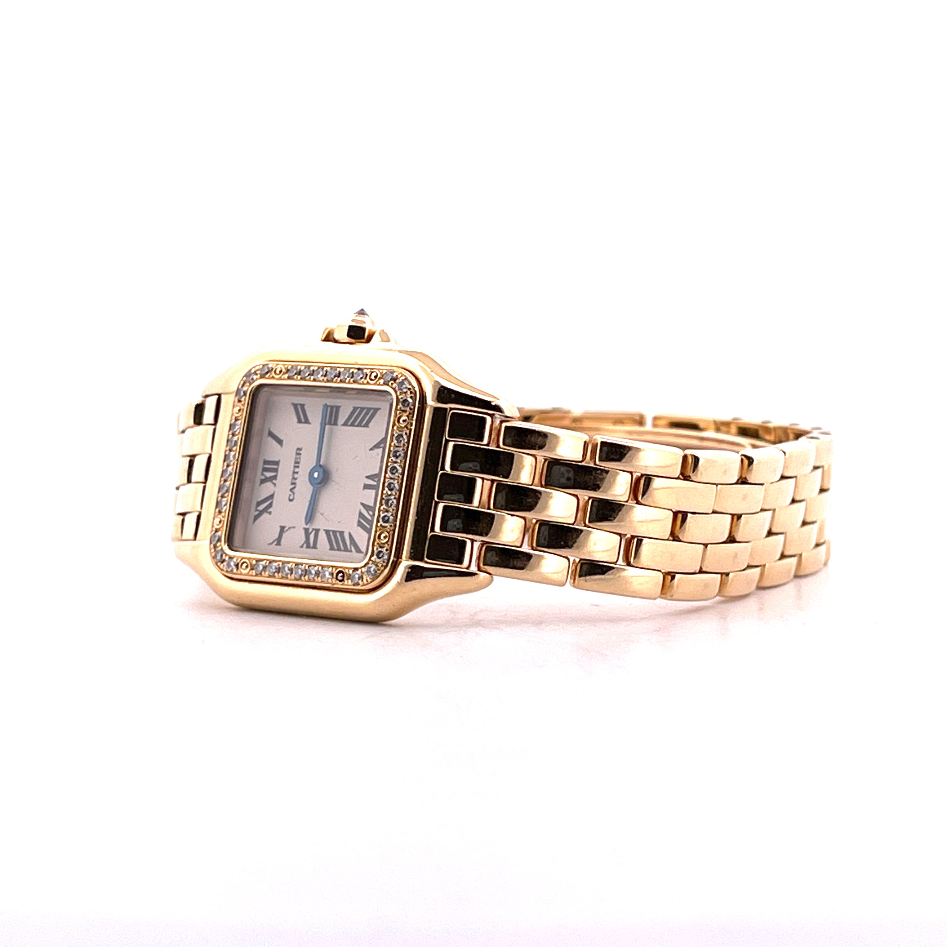 Cartier Panthere 22mm Gelbgold Uhr mit Diamanten besetzter Luenette und einem Gliederarmband von der Seite