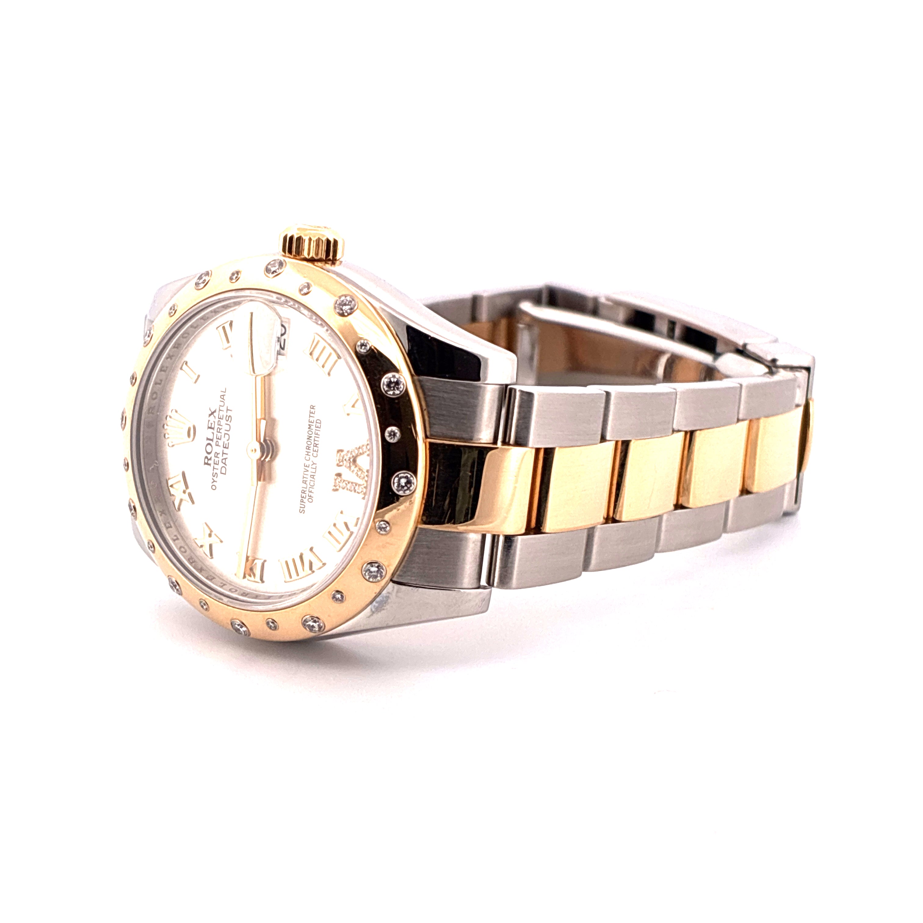 Rolex Datejust 31 mm Stahl-Gold mit Diamanten und weißem Zifferblatt im Seitenprofil