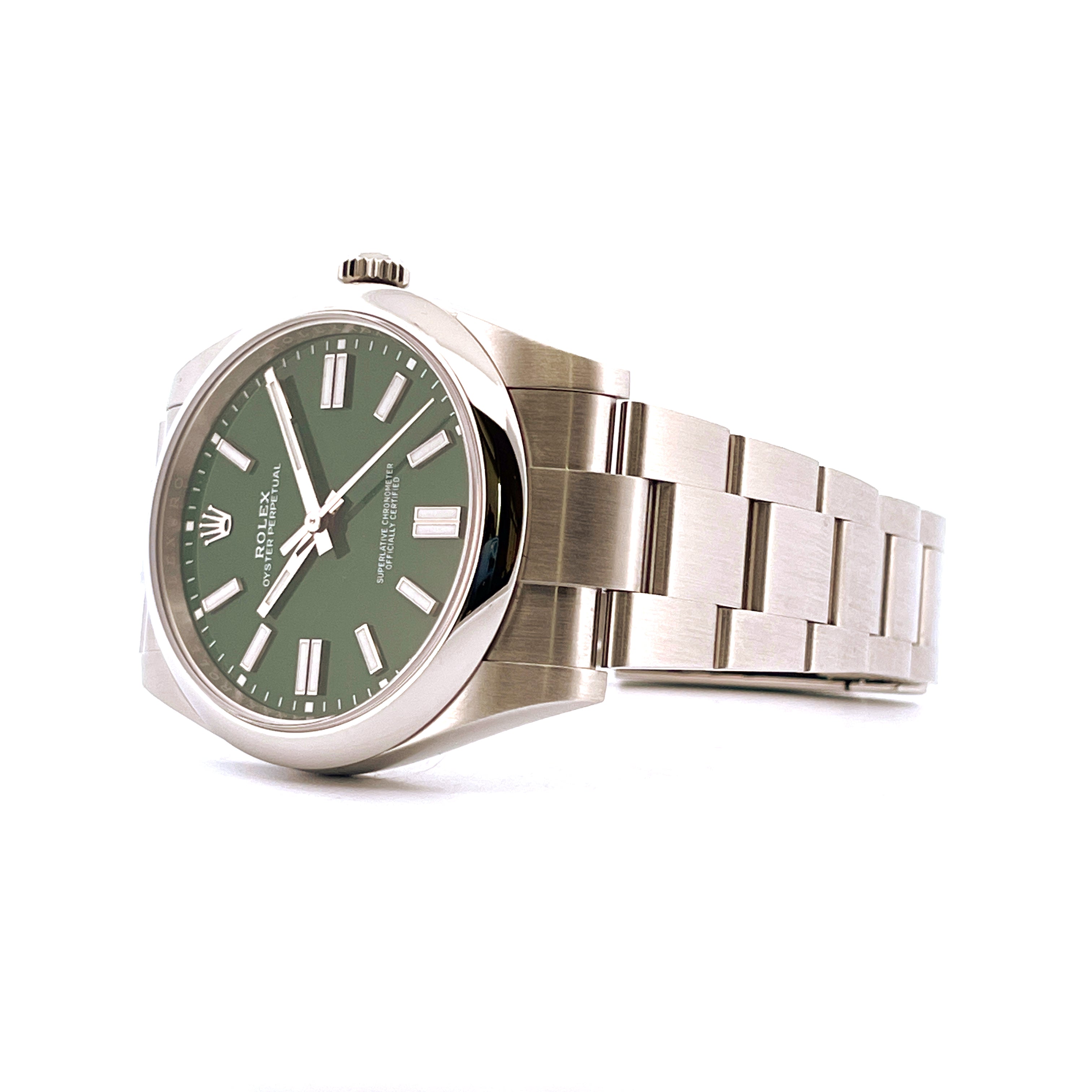 Rolex Oyster Perpetual 41 Green Stahl Automatik mit grünem Zifferblatt und Stahlarmband auf weißem Hintergrund
