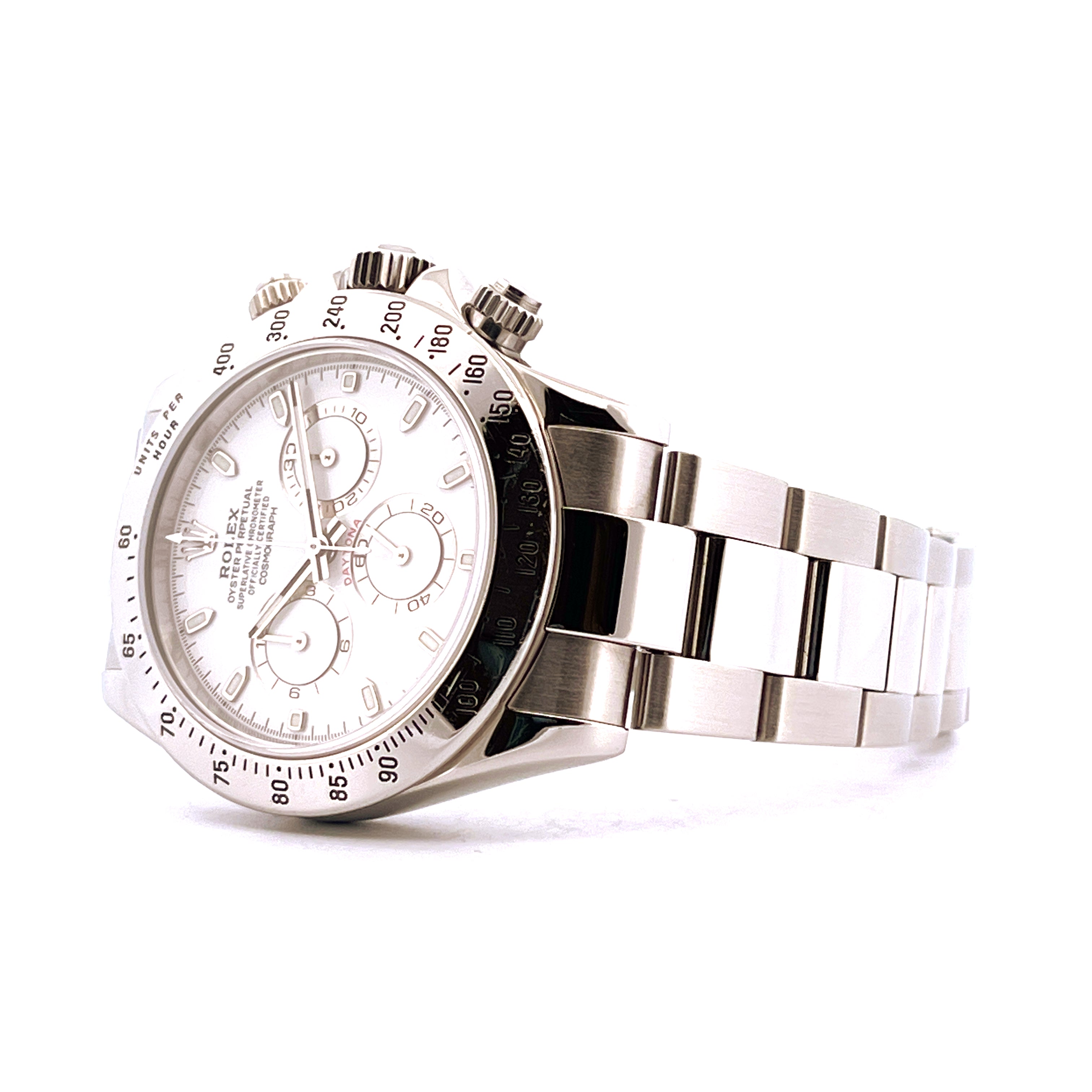 Rolex Daytona 116520 Edelstahluhr mit weißem Zifferblatt in Nahaufnahme auf weißem Hintergrund