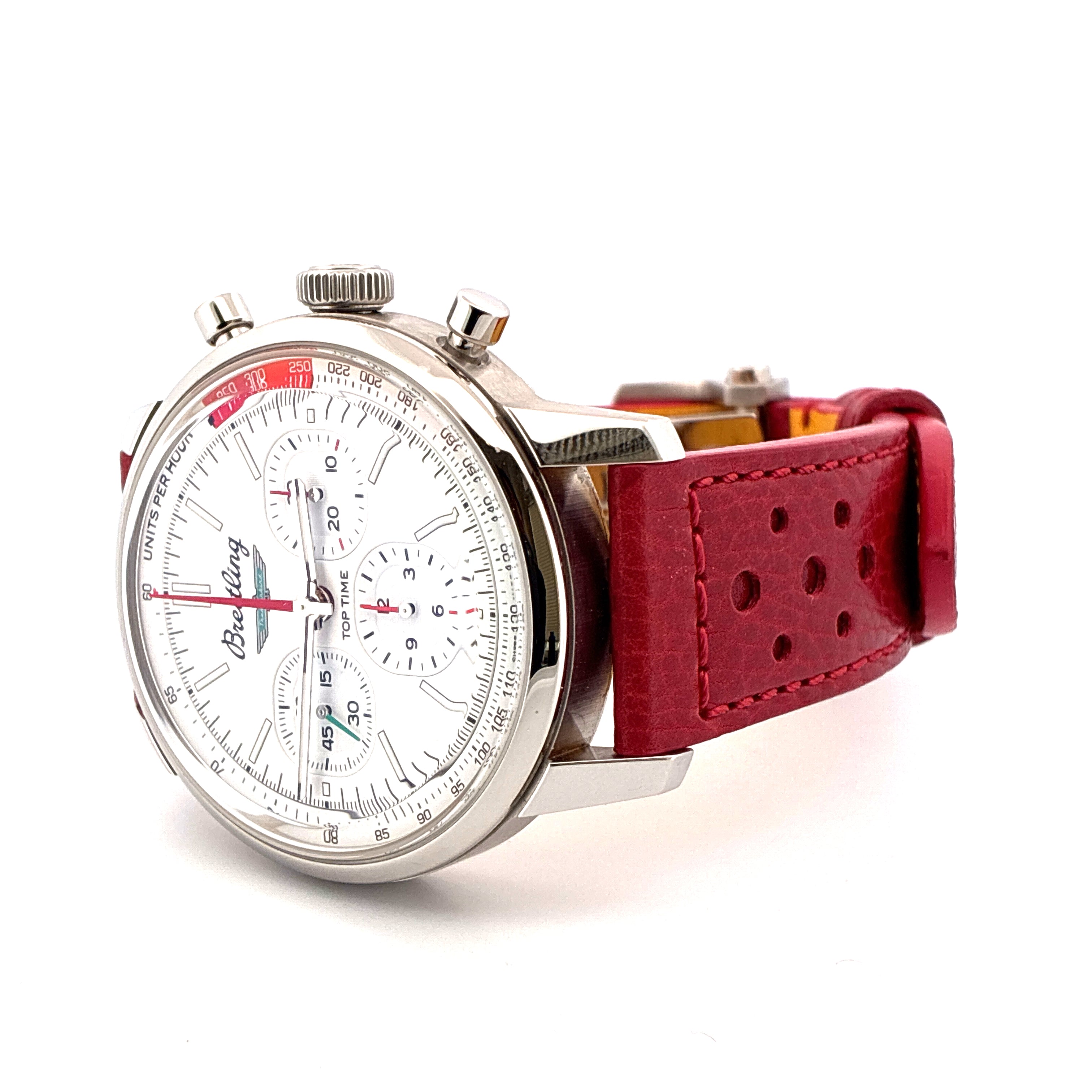 Breitling Top Time B01 Ford Thunderbird Automatik-Chronograph mit weißem Zifferblatt und rotem Lederarmband