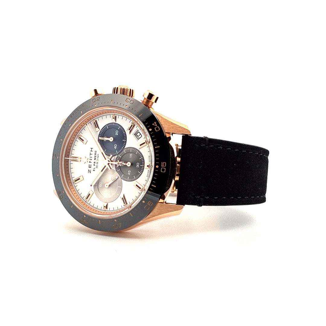 Zenith Chronomaster Sport aus Roségold mit grauem Zifferblatt und schwarzem Lederarmband