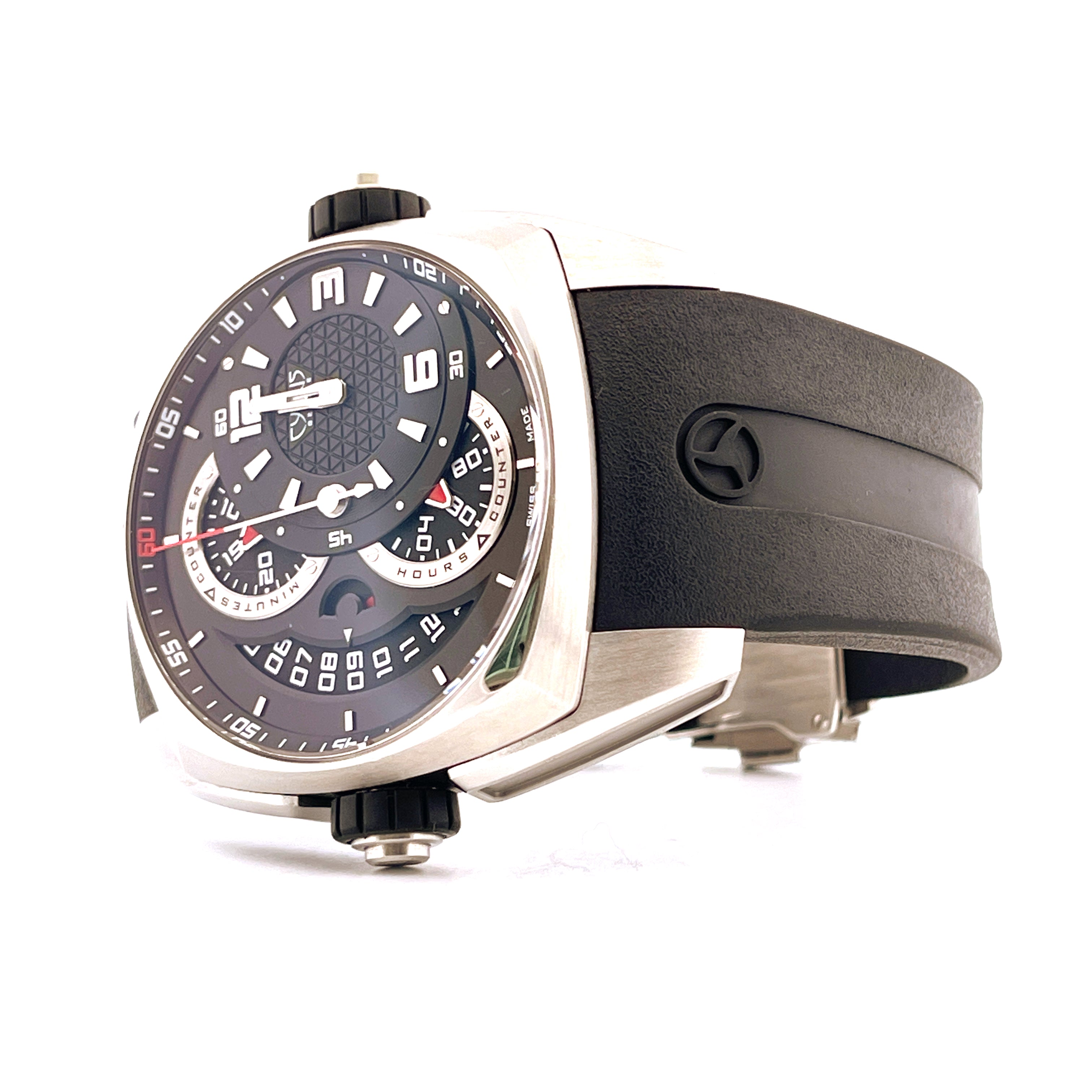 Cyrus Klepcys Chronograph Titan Limited Edition 1 of 100 2021 Automatik, Detailansicht Titangehäuse und schwarzes Armband