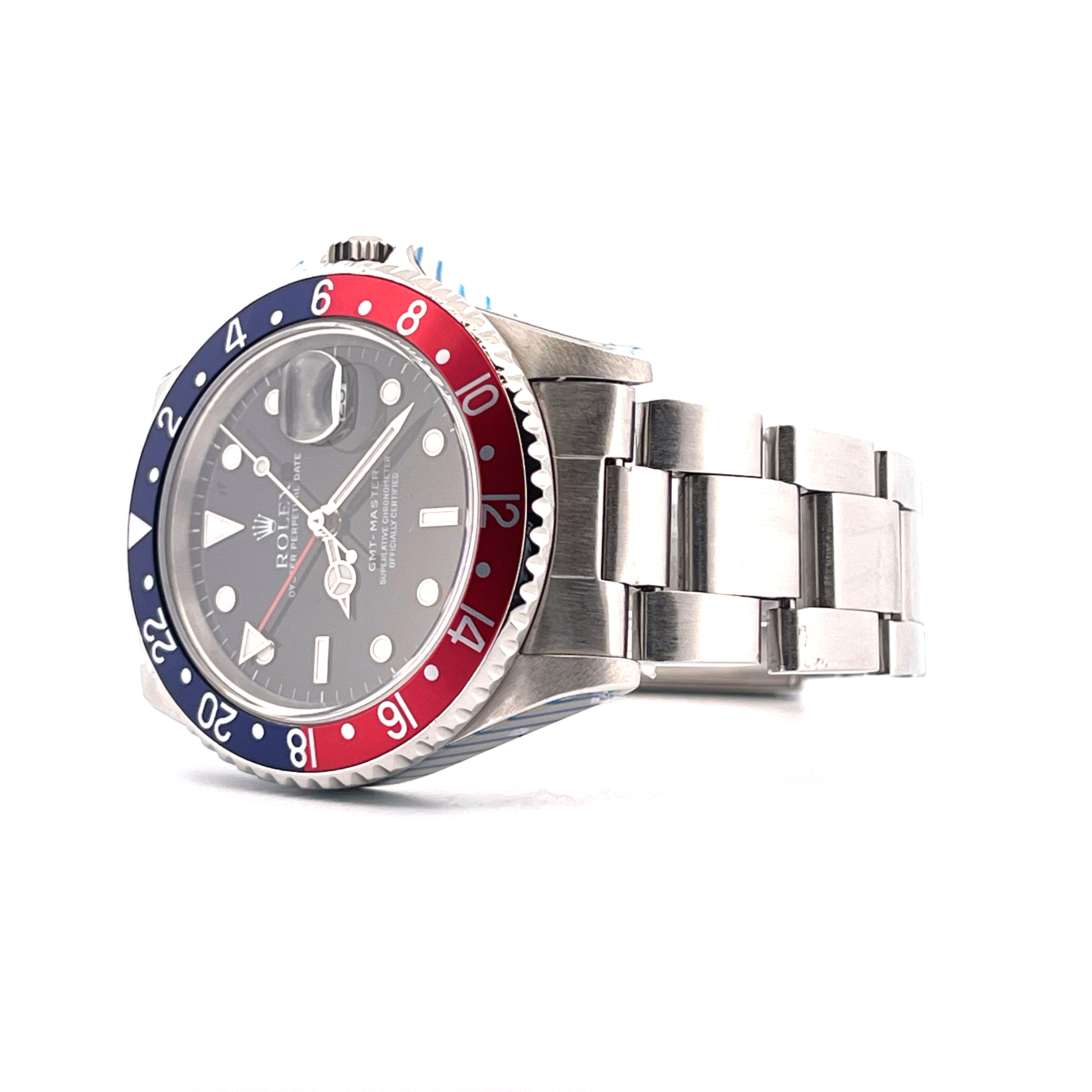 Rolex GMT-Master Pepsi 16700 von der Seite mit roter und blauer Lünette Automatikwerk Stahlgehäuse