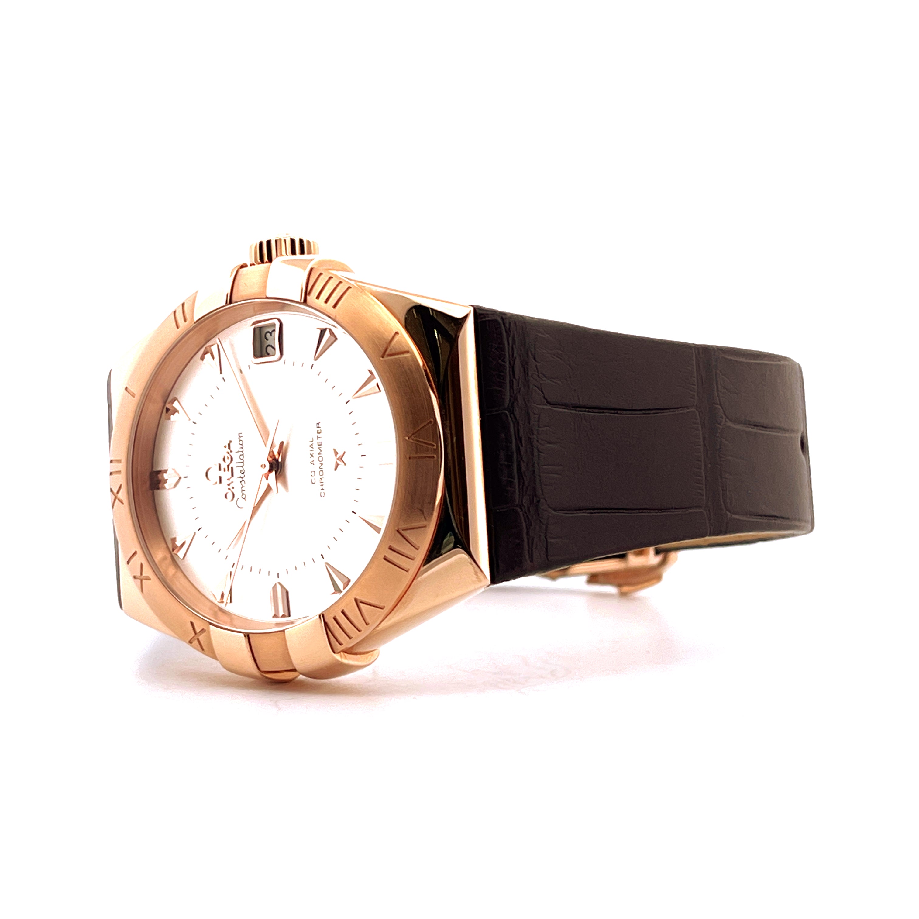 Omega Constellation Limited Edition 1952 Roségold-Uhr mit weißem Zifferblatt und braunem Lederarmband