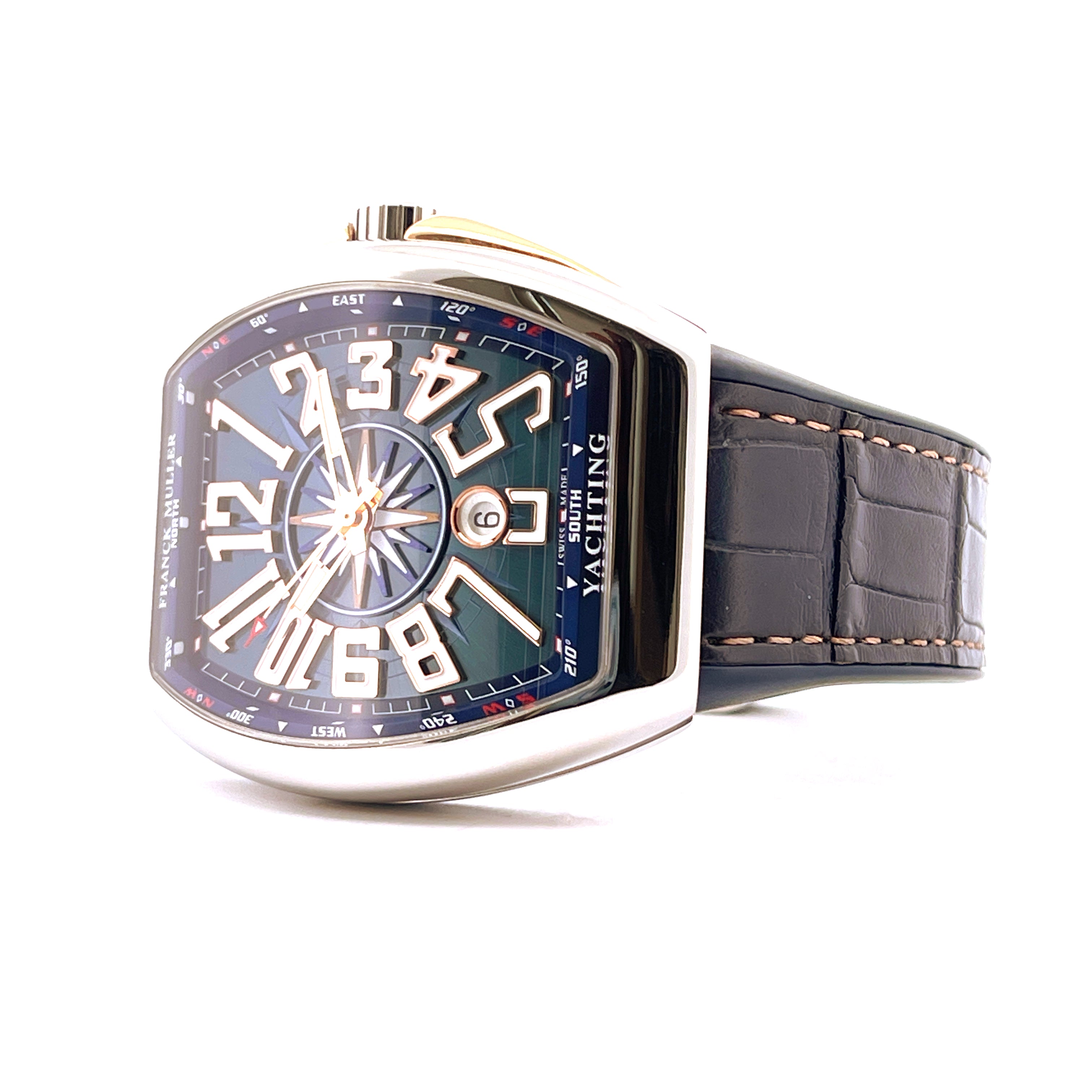 Franck Muller Vanguard mit blauem Zifferblatt, Kompass-Detail und schwarzem Lederarmband