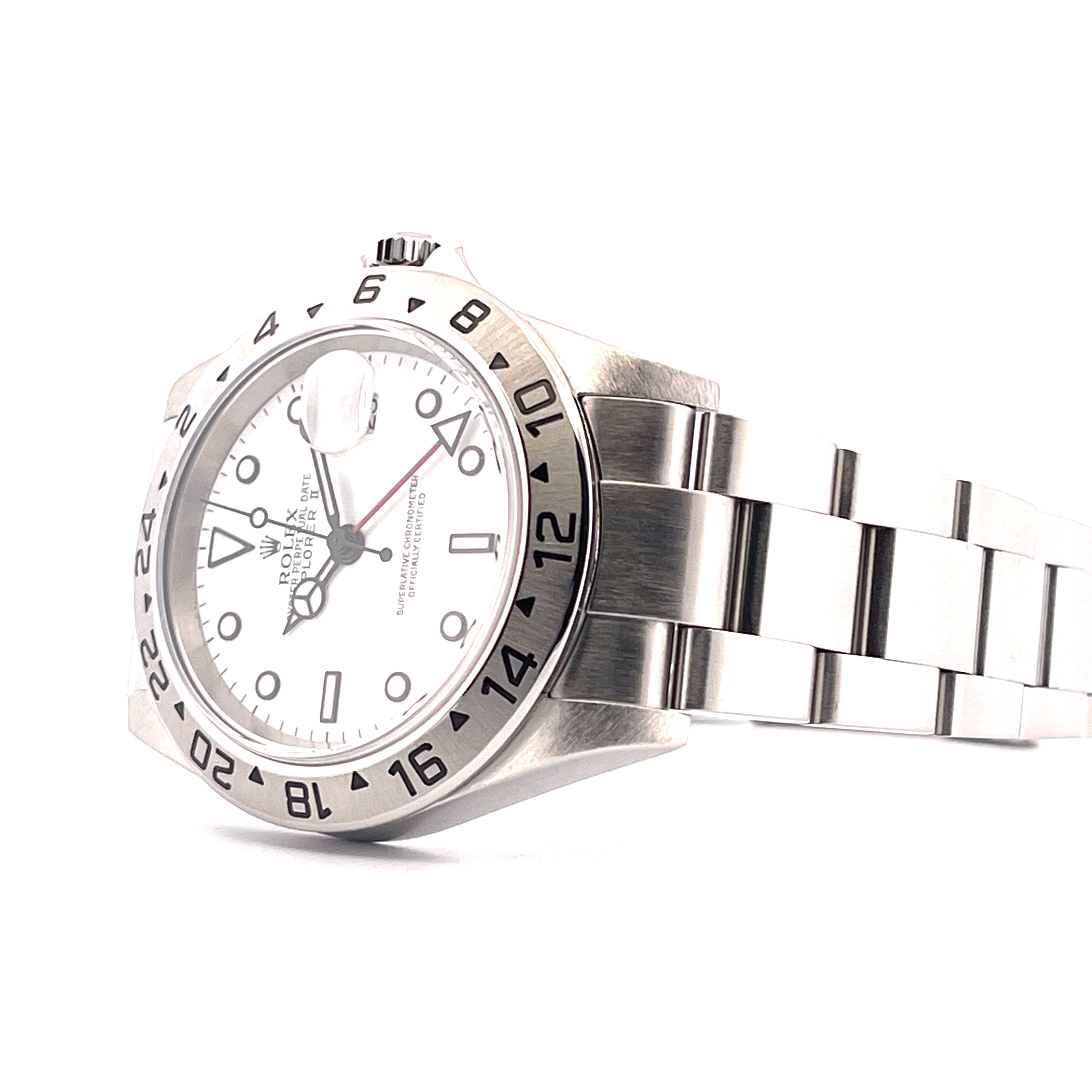 Rolex Explorer II 16570T Automatik aus Stahl im Detail mit weissem Zifferblatt und schwarzer Lünette