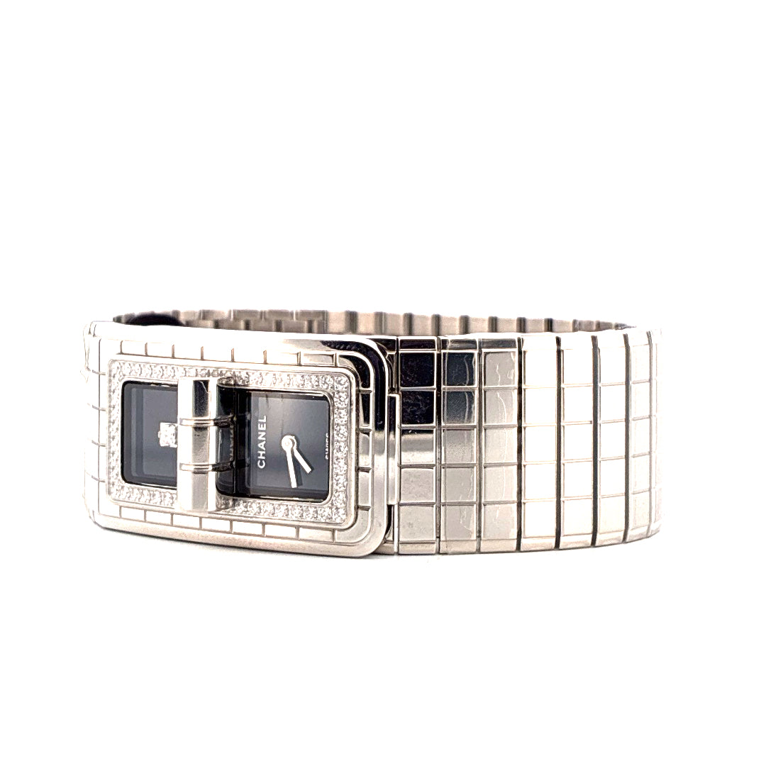 Chanel Code Coco Damenuhr aus Edelstahl mit Diamanten und schwarzem Zifferblatt