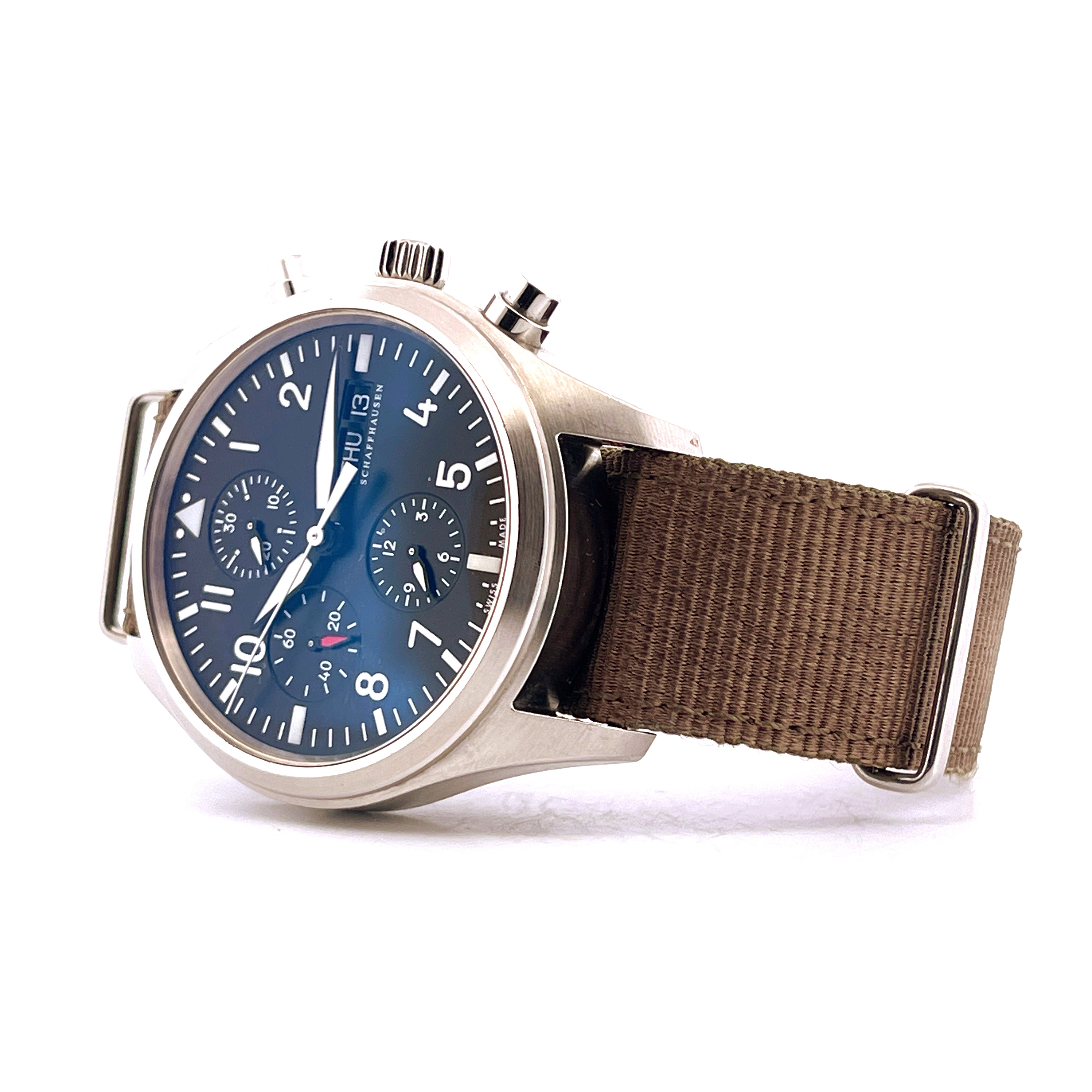 IWC Fliegeruhr Chronograph Ref. 371701 mit blauem Zifferblatt und braunem Armband aus Stoff