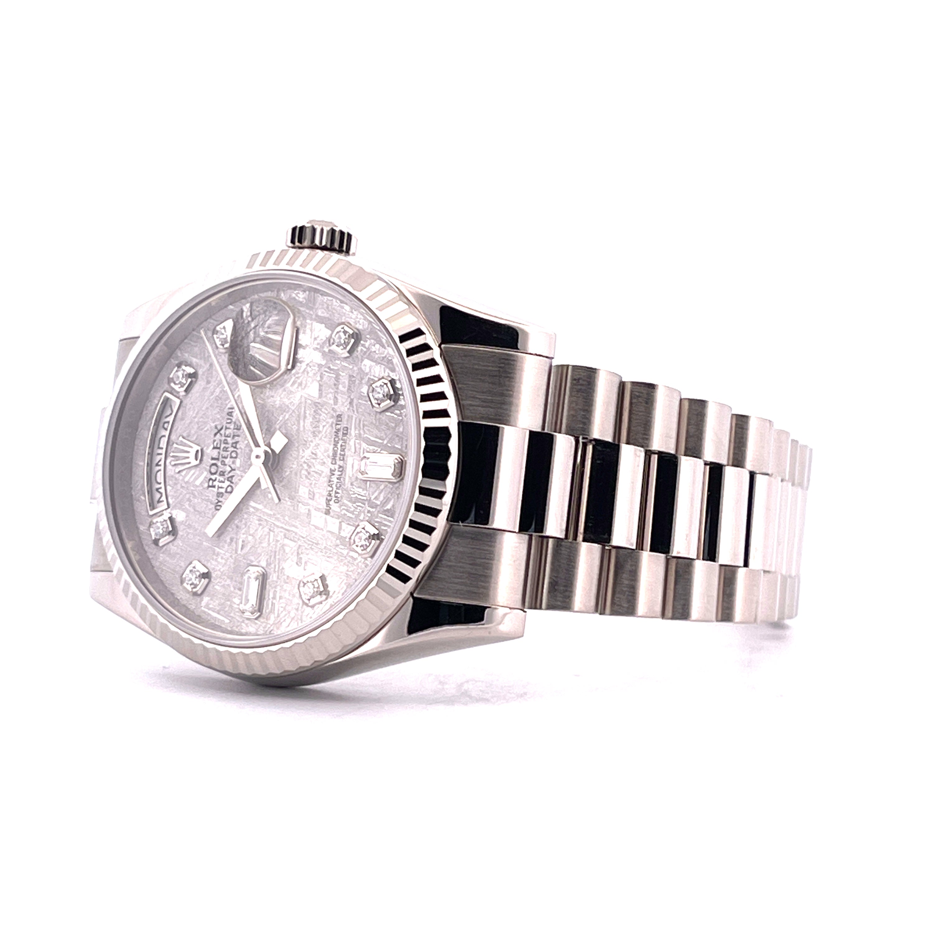 Rolex Day-Date 36mm aus Weißgold mit Meteoriten-Zifferblatt und Diamantindizes