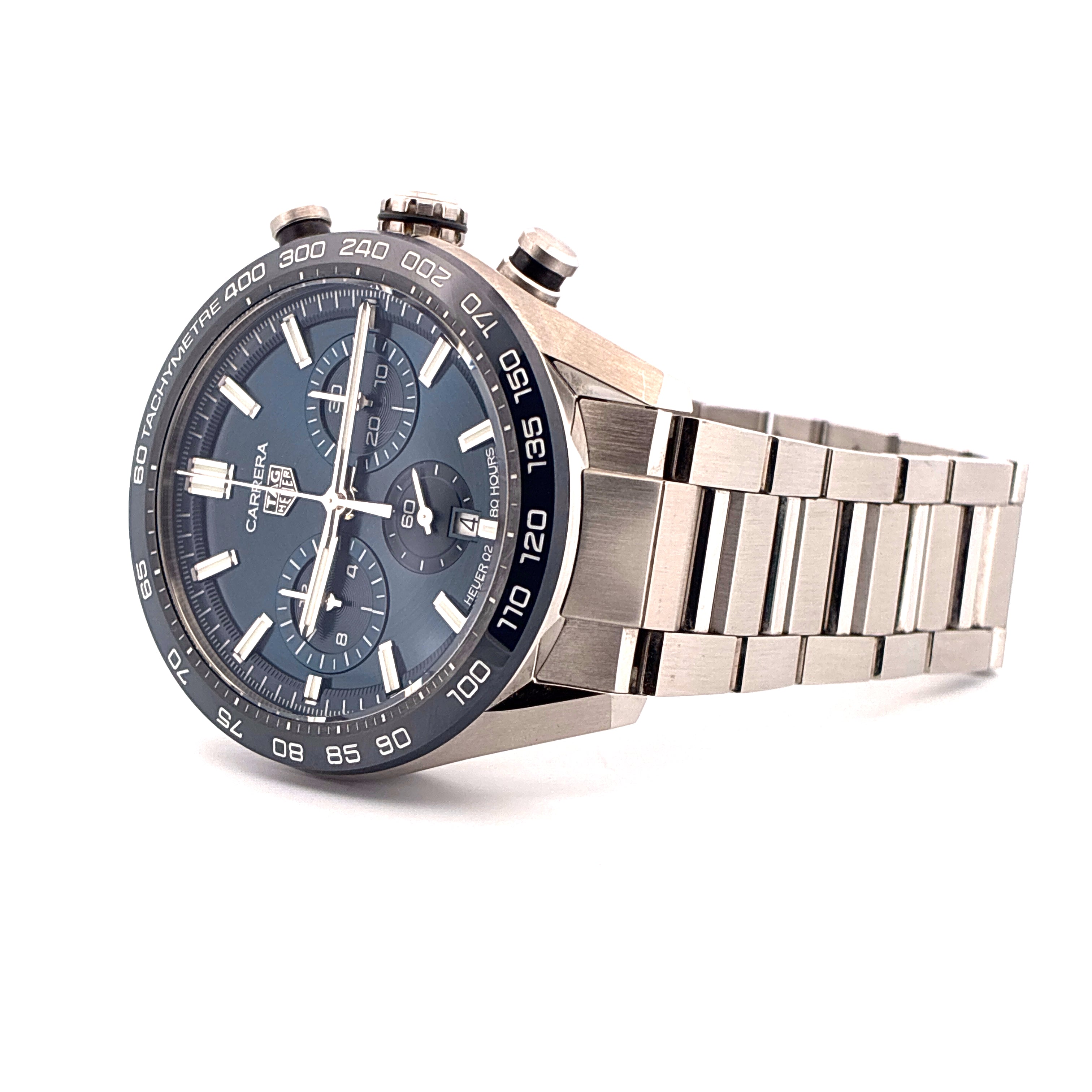 Tag Heuer Carrera Stahl Chronograph mit blauem Zifferblatt und Stahlarmband in sehr gutem Zustand