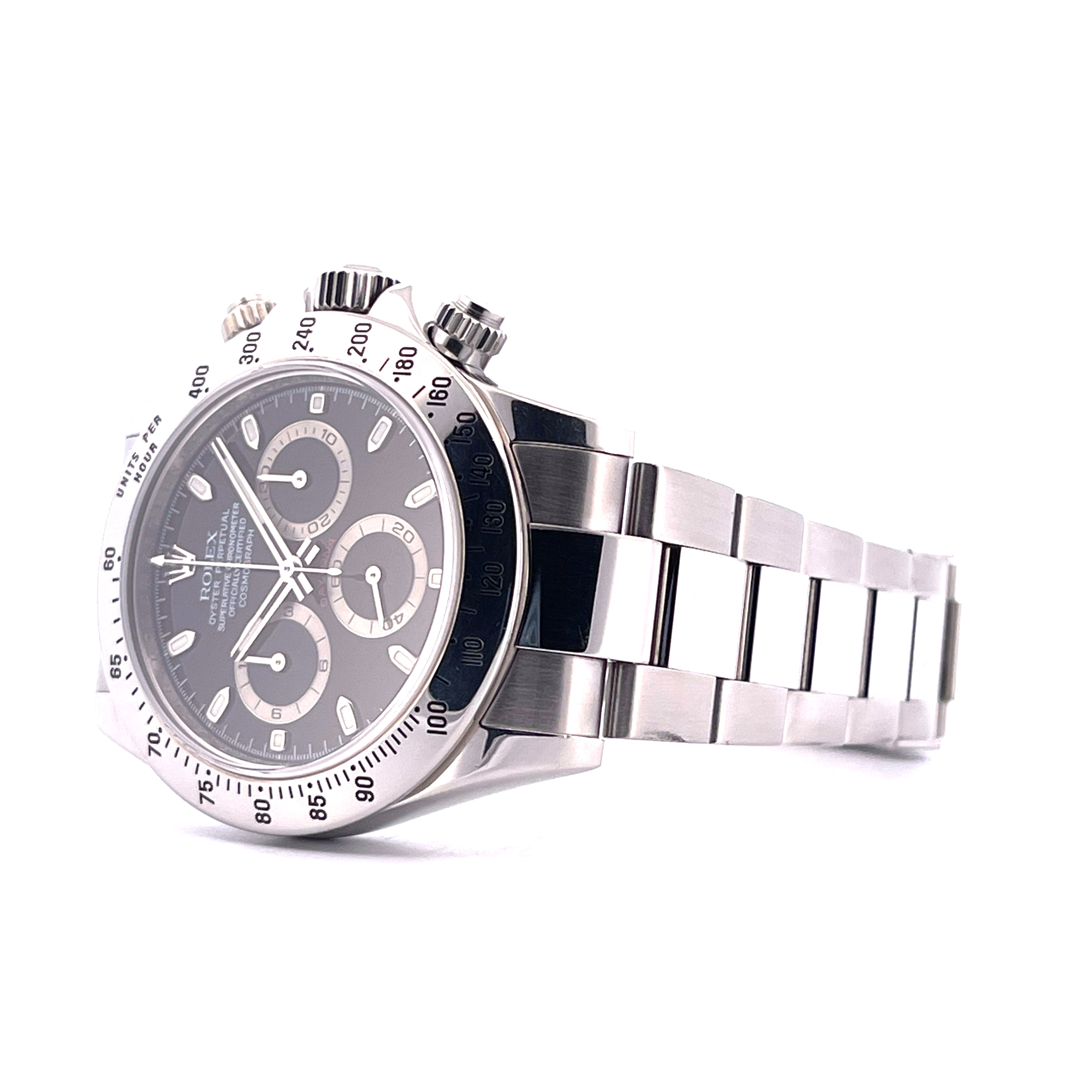 Rolex Daytona 116520 mit schwarzem Zifferblatt und Edelstahluhrband, Ansicht von schräg vorne oben