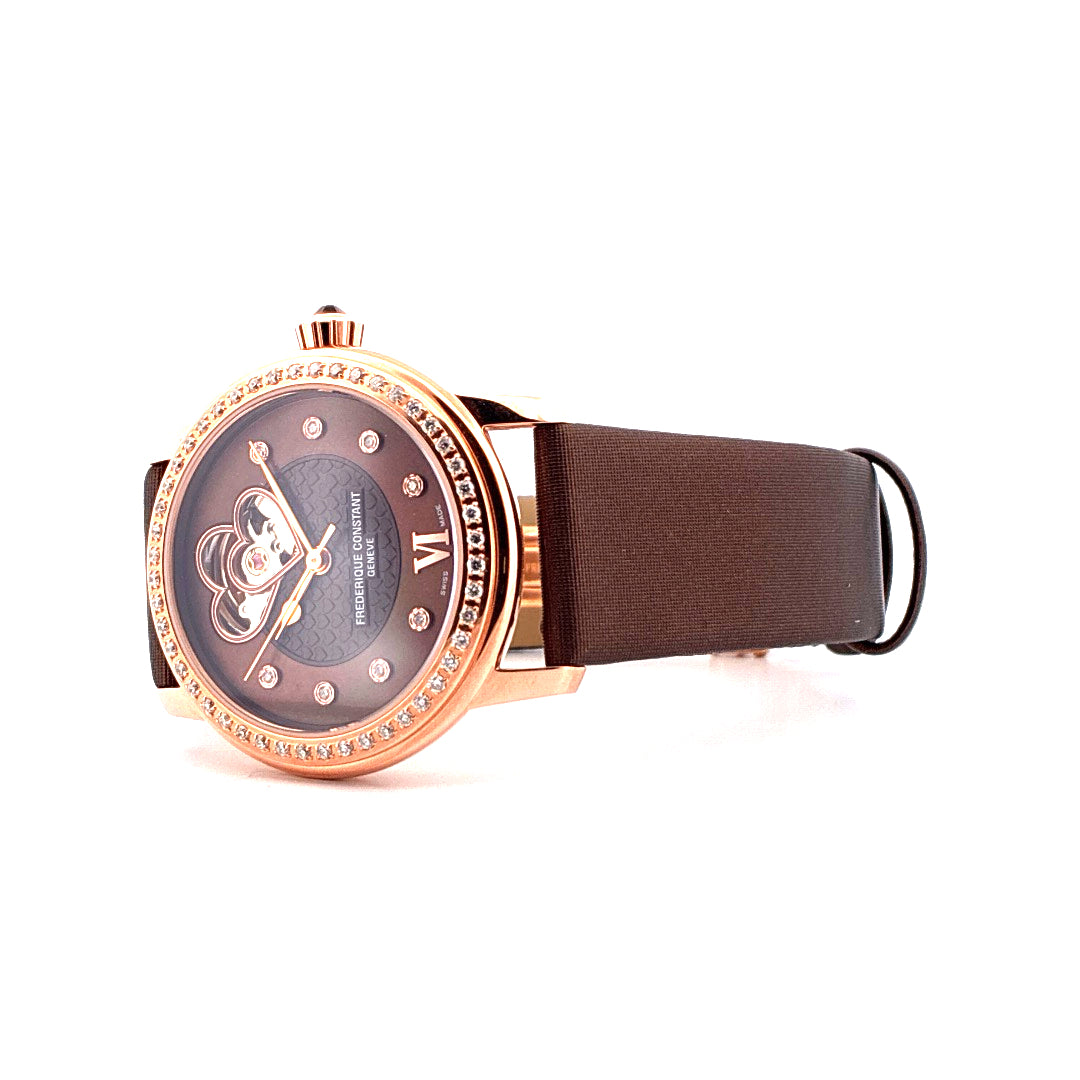 Frederique Constant Heart Beat Roségold Automatik mit braunem Band und Zirkonia Lünette
