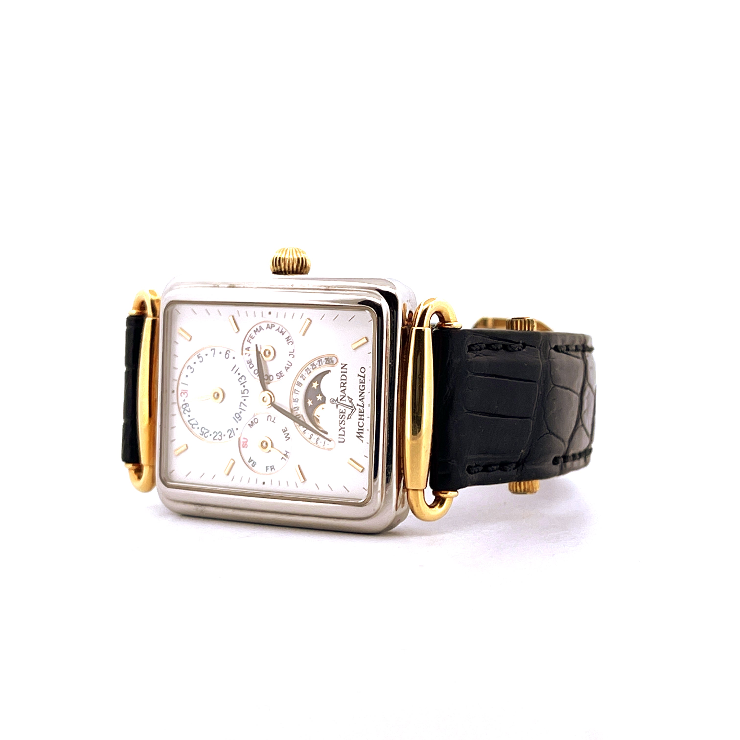 Ulysse Nardin Michelangelo Uhr Stahl-Gold Rechteckgehäuse mit schwarzem Lederarmband