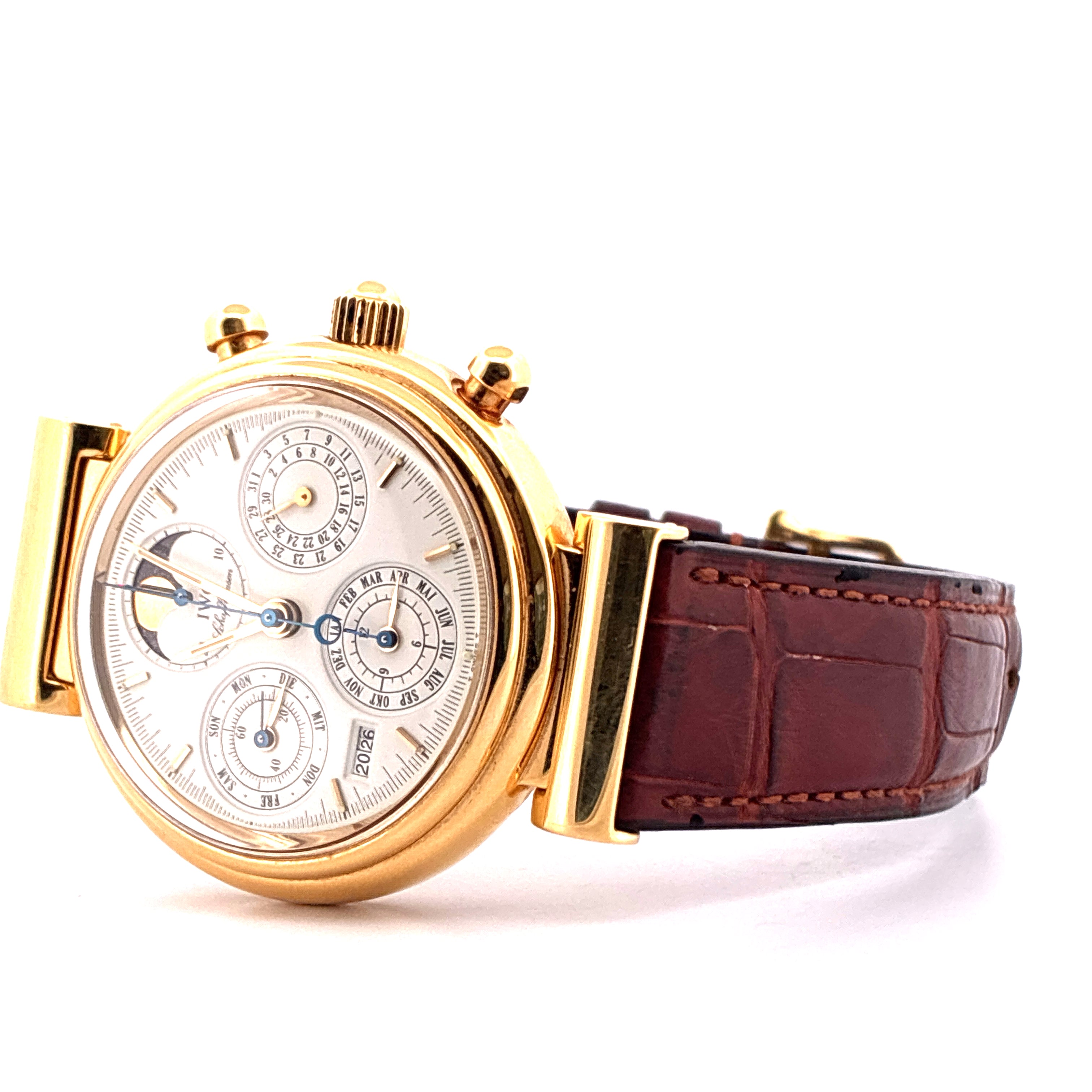 IWC Da Vinci Perpetual Calendar Herrenuhr aus Gelbgold mit braunem Kroko-Lederarmband und silbernem Zifferblatt