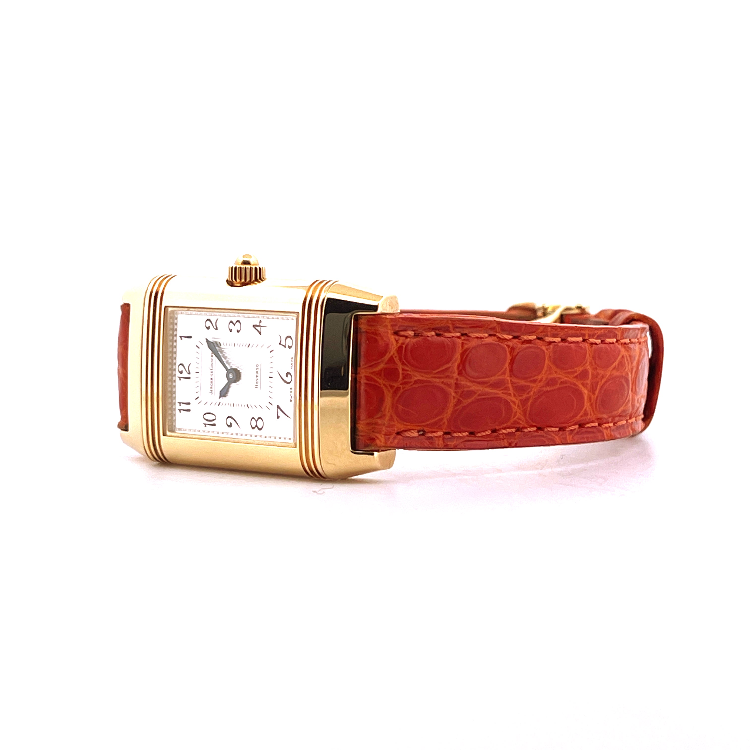 Jaeger-LeCoultre Reverso Duetto Gelbgold mit orangem Alligatorlederband aus der Seitenansicht
