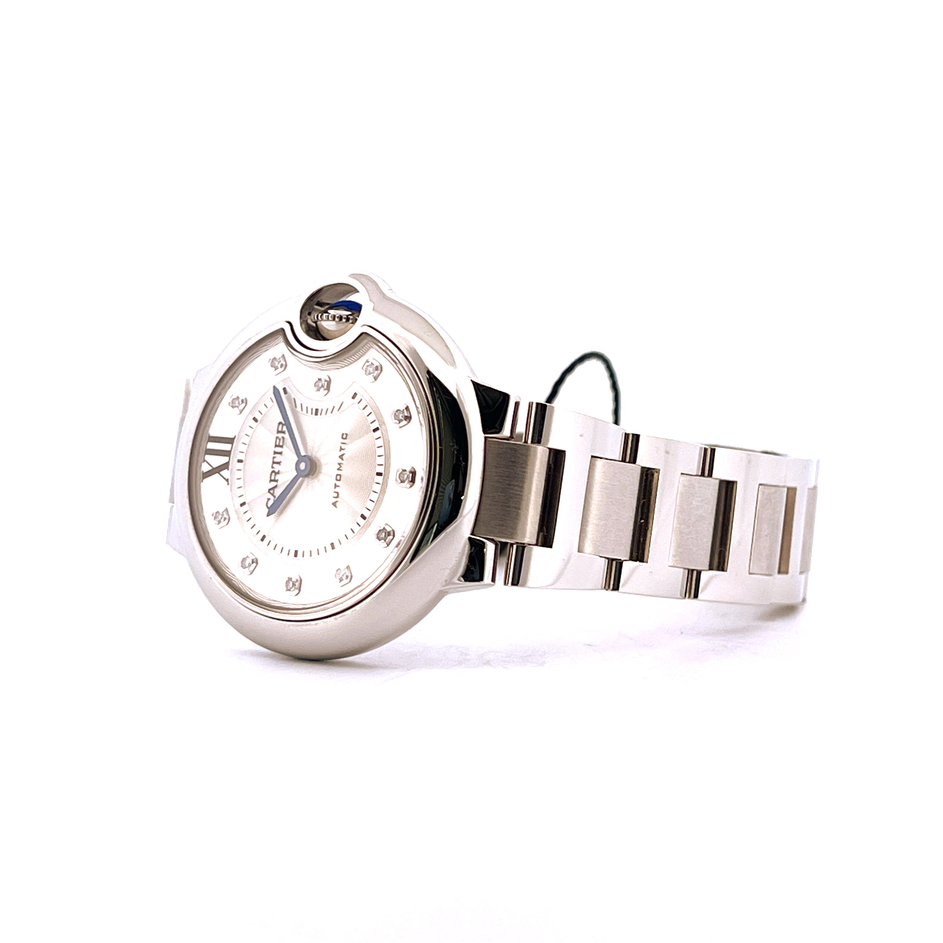 Cartier Ballon Bleu 33mm Edelstahl Automatik Uhr mit Diamantindizes auf weißem Zifferblatt mit Armband