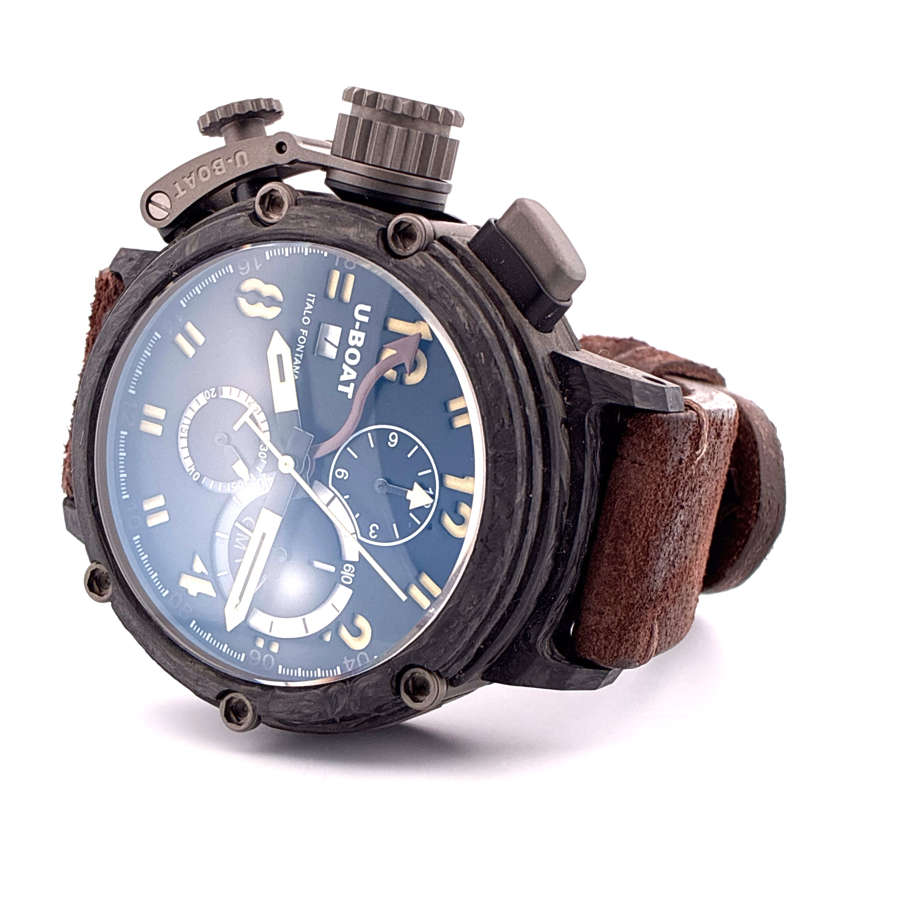 U-Boat Chimera 48 mm Carbon Automatik mit blauem Zifferblatt und braunem Lederarmband