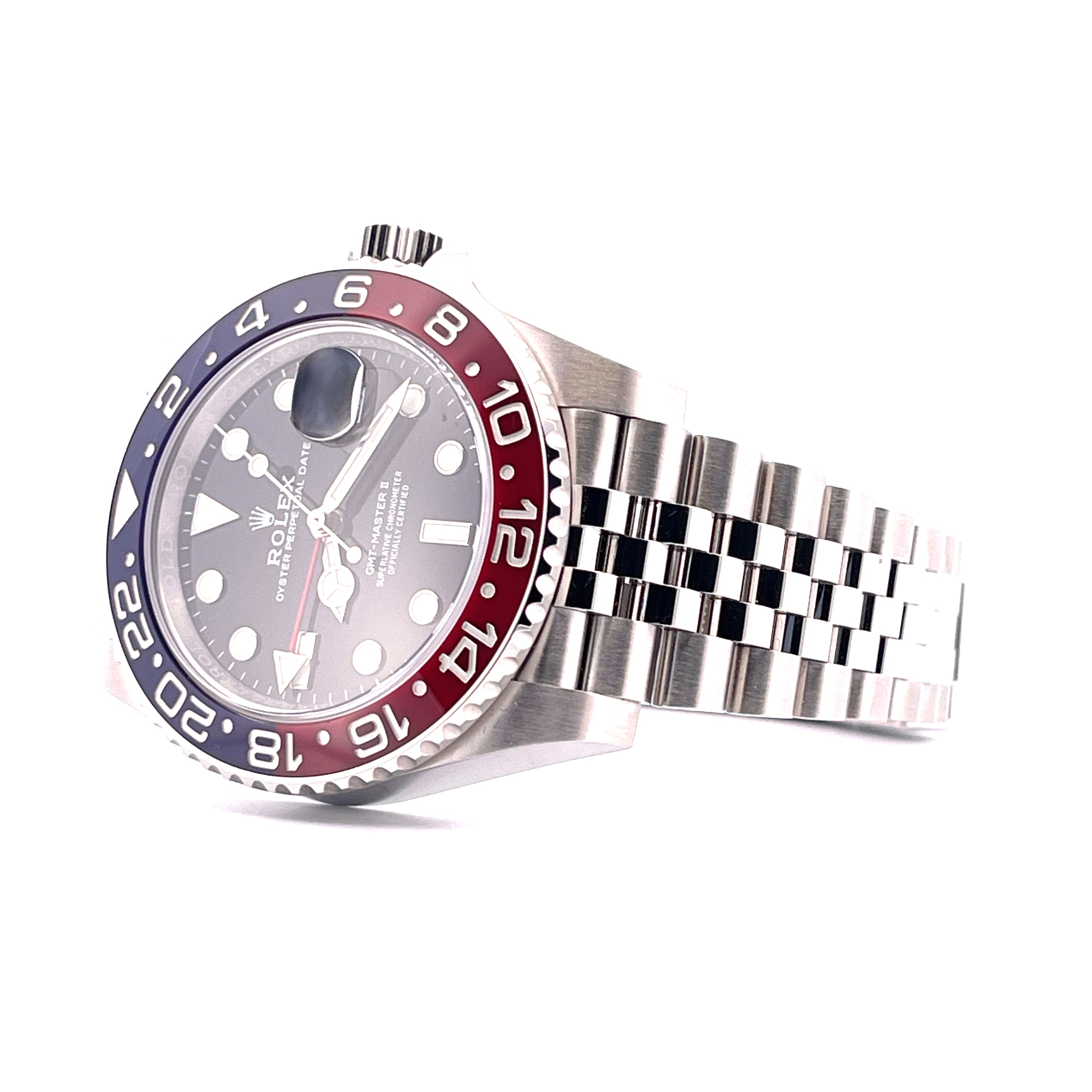 Rolex GMT-Master II Pepsi, Edelstahlgehäuse mit bicolor Lünette, Keramik, Jubilee-Armband, weiße Hintergrundansicht