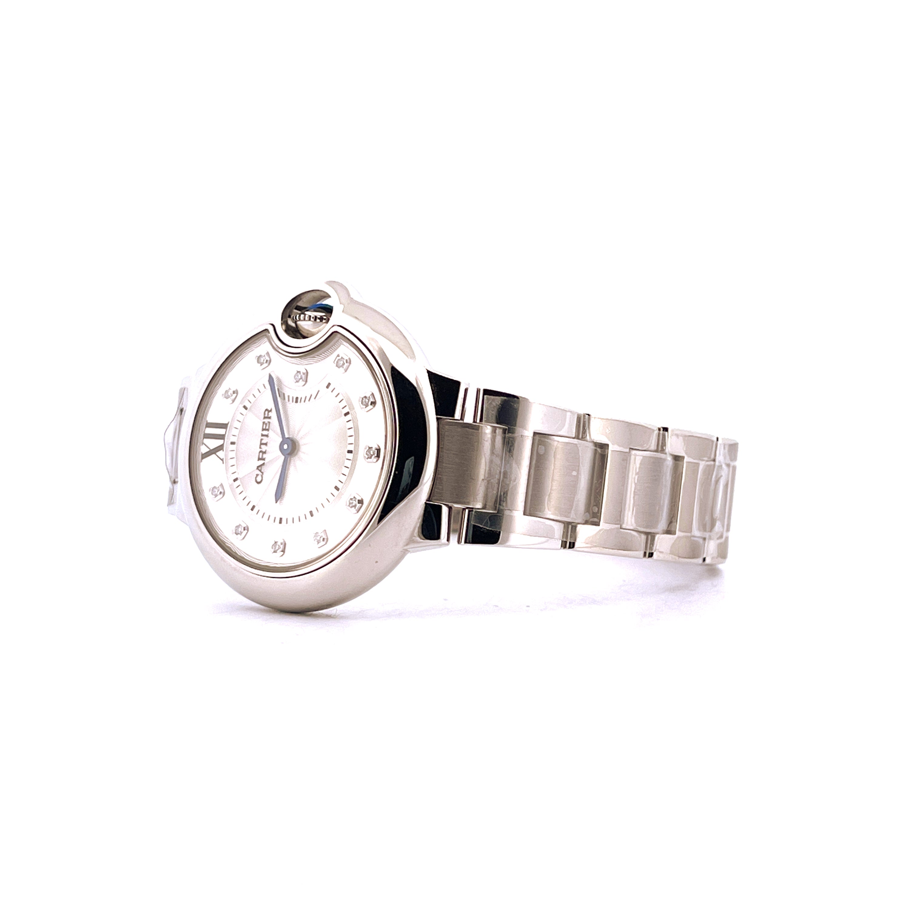 Cartier Ballon Bleu 33mm Edelstahl Damenuhr mit weißem Zifferblatt und Stahlband