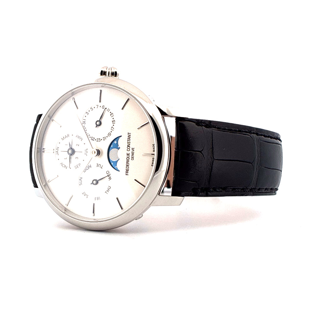 Frederique Constant Classics Manufacture Ewiger Kalender im Edelstahlgehäuse mit schwarzem Lederarmband