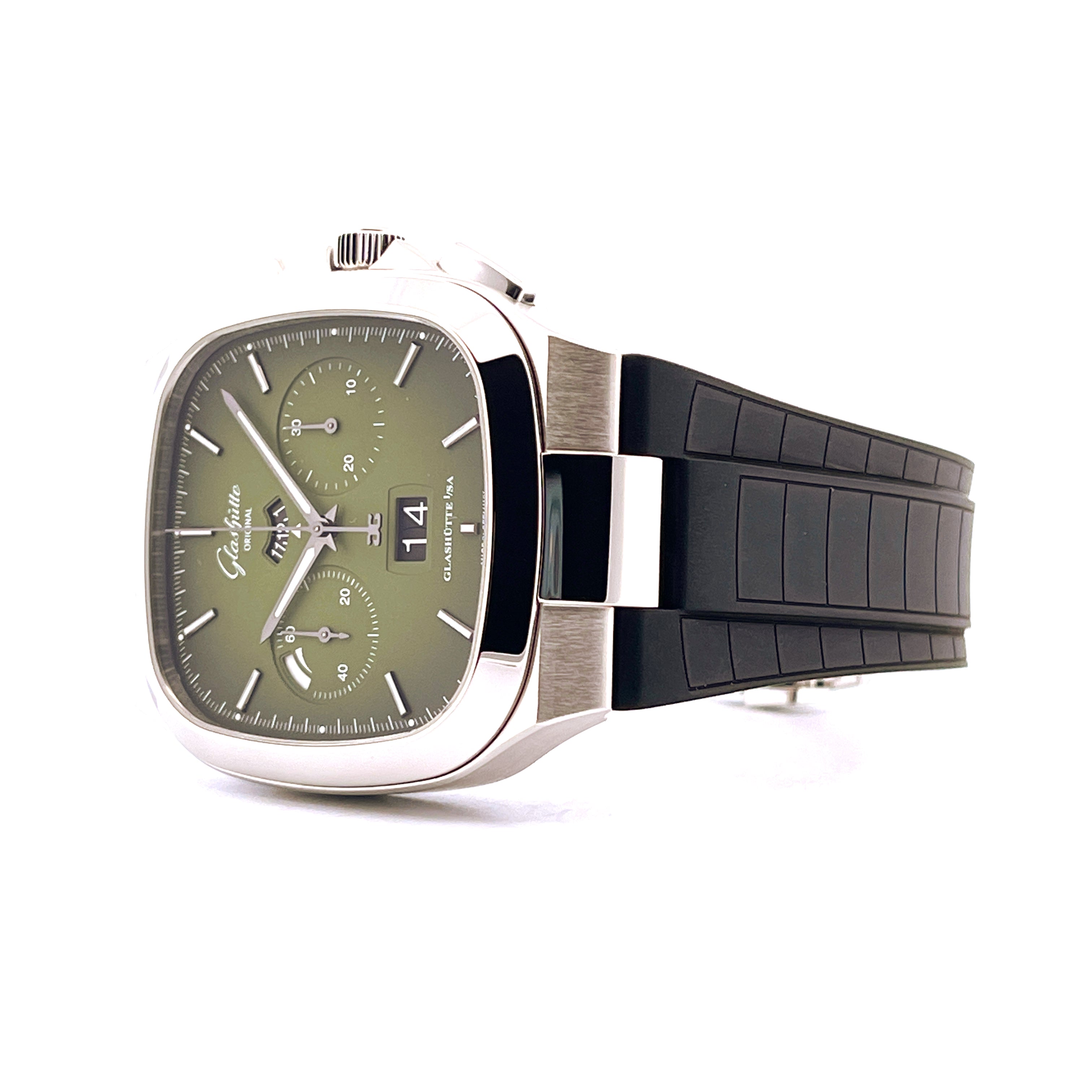 Glashütte Original Seventies Chronograph Panoramadatum in Edelstahl mit grünem Zifferblatt und schwarzem Kautschukarmband