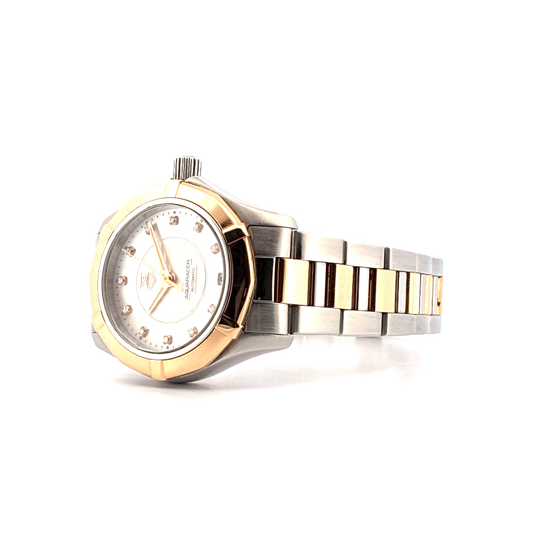 TAG Heuer Aquaracer Lady mit bicolor Stahl-Gold-Gehäuse und weißem Zifferblatt mit Diamanten