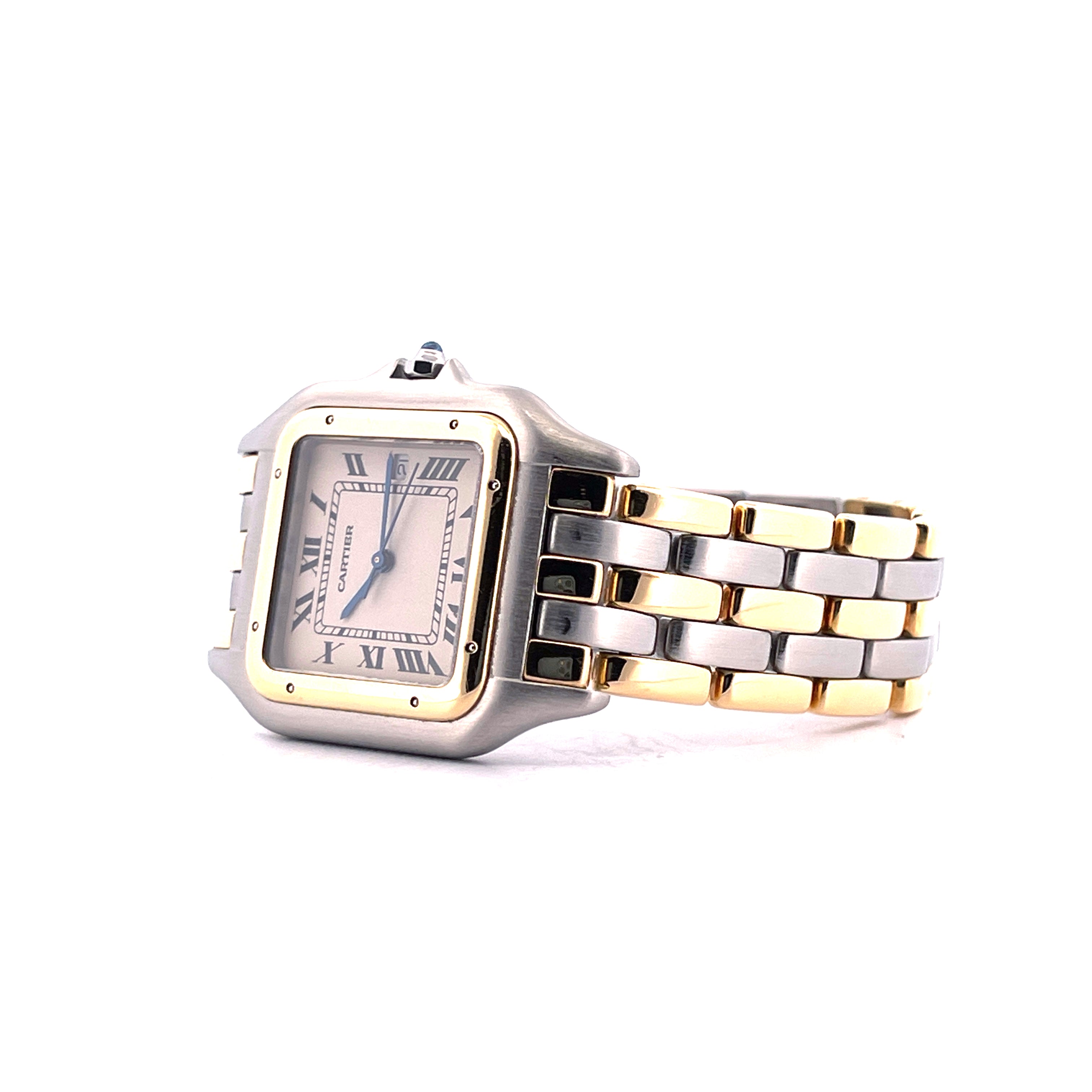 Cartier Panthere Jumbo Vintage Armbanduhr mit zweifarbigem Stahlarmband im Profil auf weißem Hintergrund