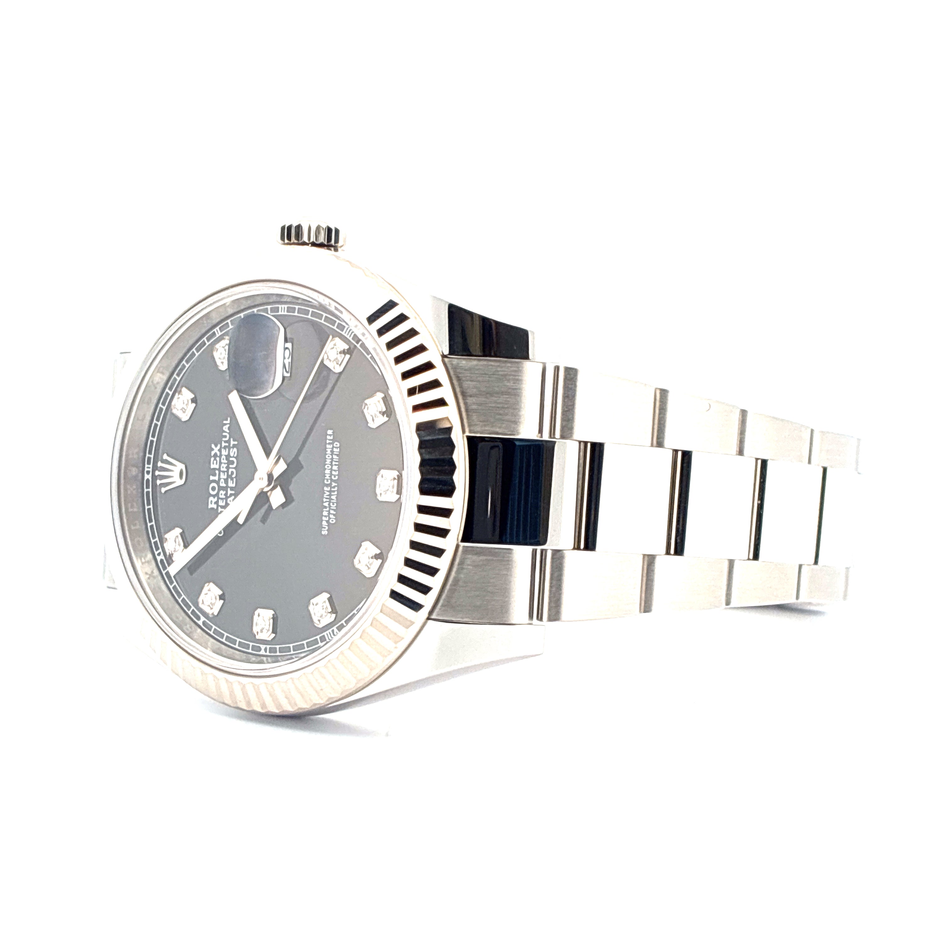 Rolex Datejust 41 mit Diamanten auf anthrazitfarbenem Zifferblatt und Stahlband