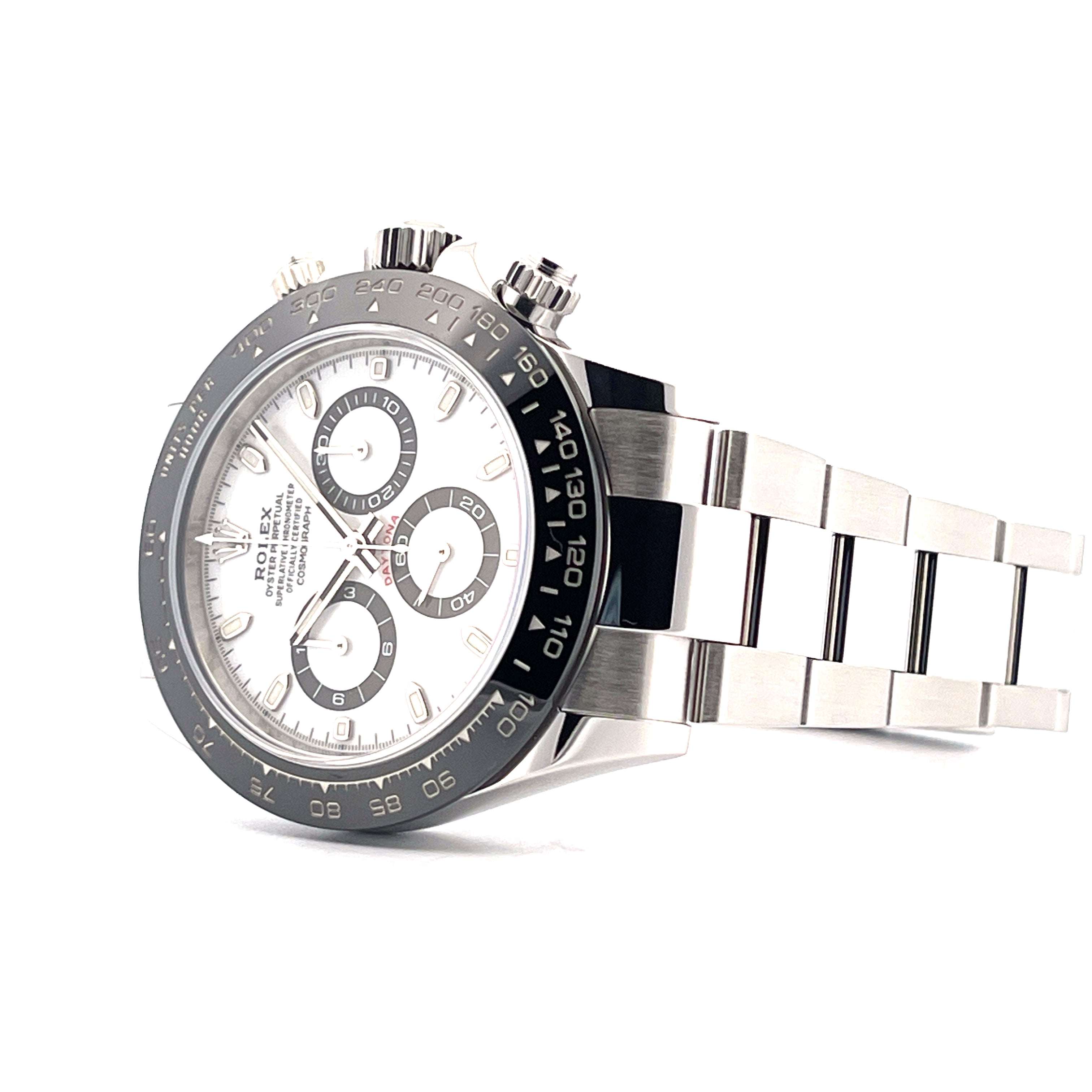 Rolex Daytona 116500LN-2019 mit weißem Zifferblatt und schwarzer Keramiklünette im Detail