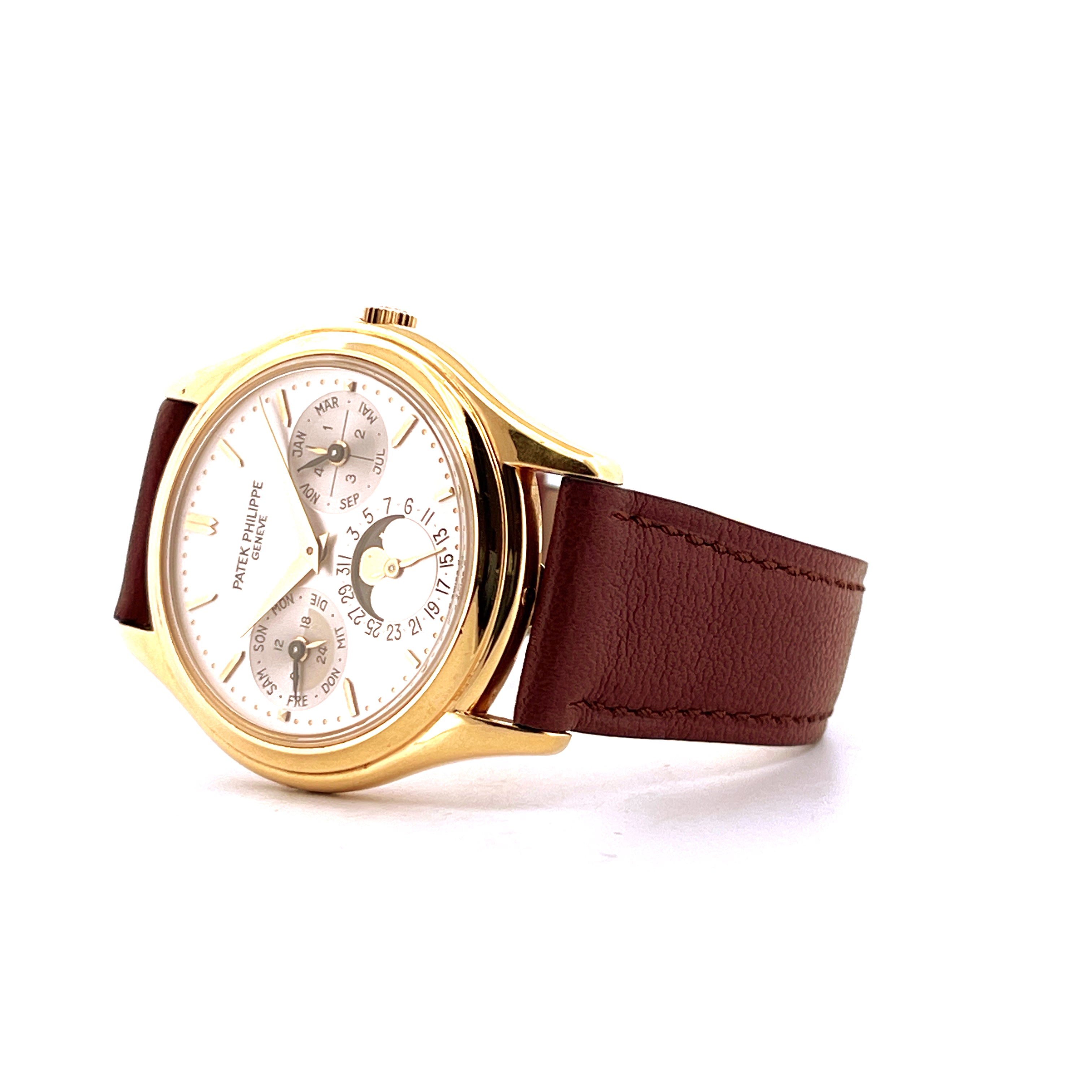 Patek Philippe Perpetual Calendar 3940J-017 Gelbgold Uhr mit braunem Lederarmband und weißen Zifferblatt